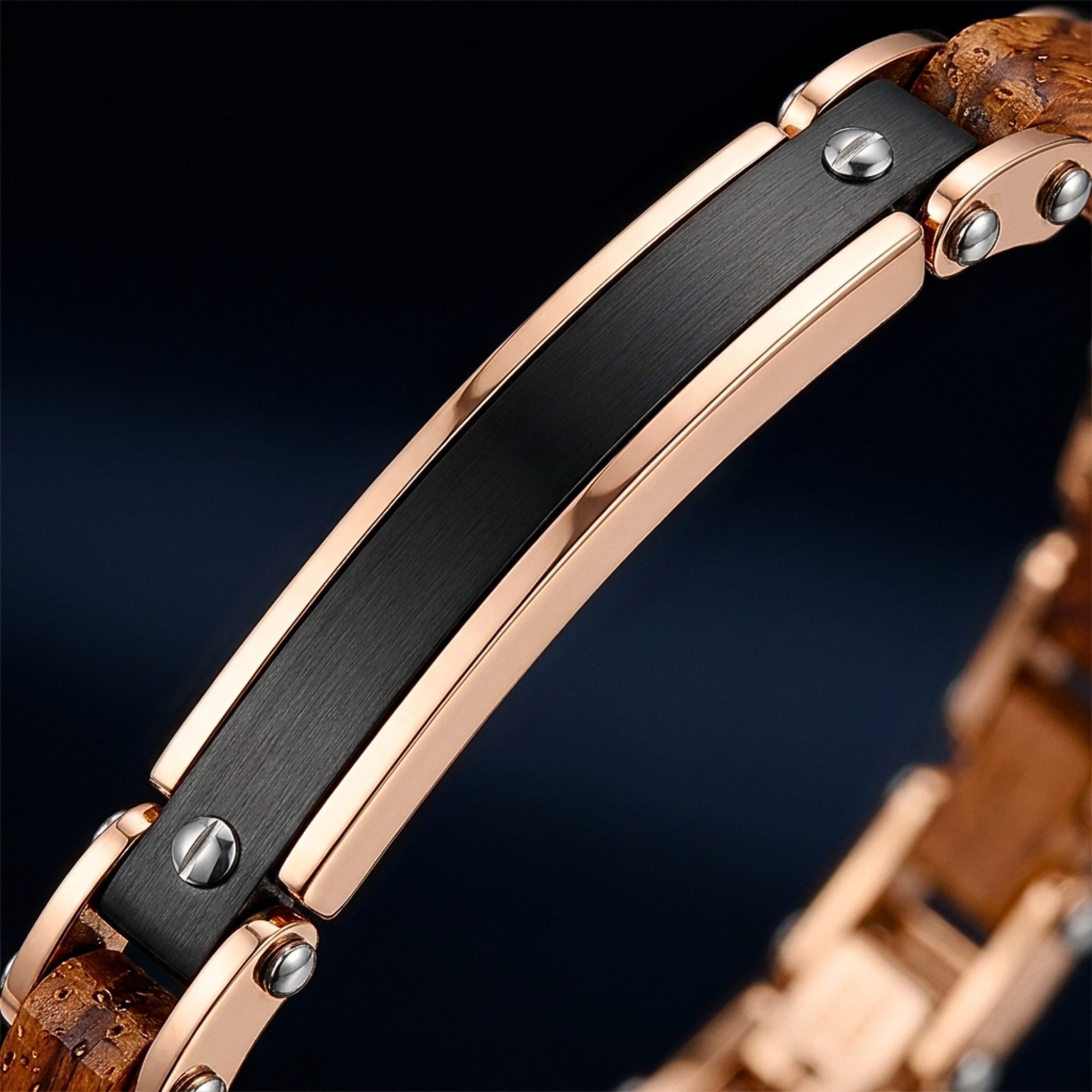 UNIQAL.de Edelstahlarmband Unisex AURORA HOLZ ROSEGOLD – Edelstahl & Holz, Roségold Optik (mit eleganter Linienführung, natürlicher Holzstruktur und handgefertigten Details, inkl. Schmuckverpackung), hautfreundlicher 316L Edelstahl, verstellbar