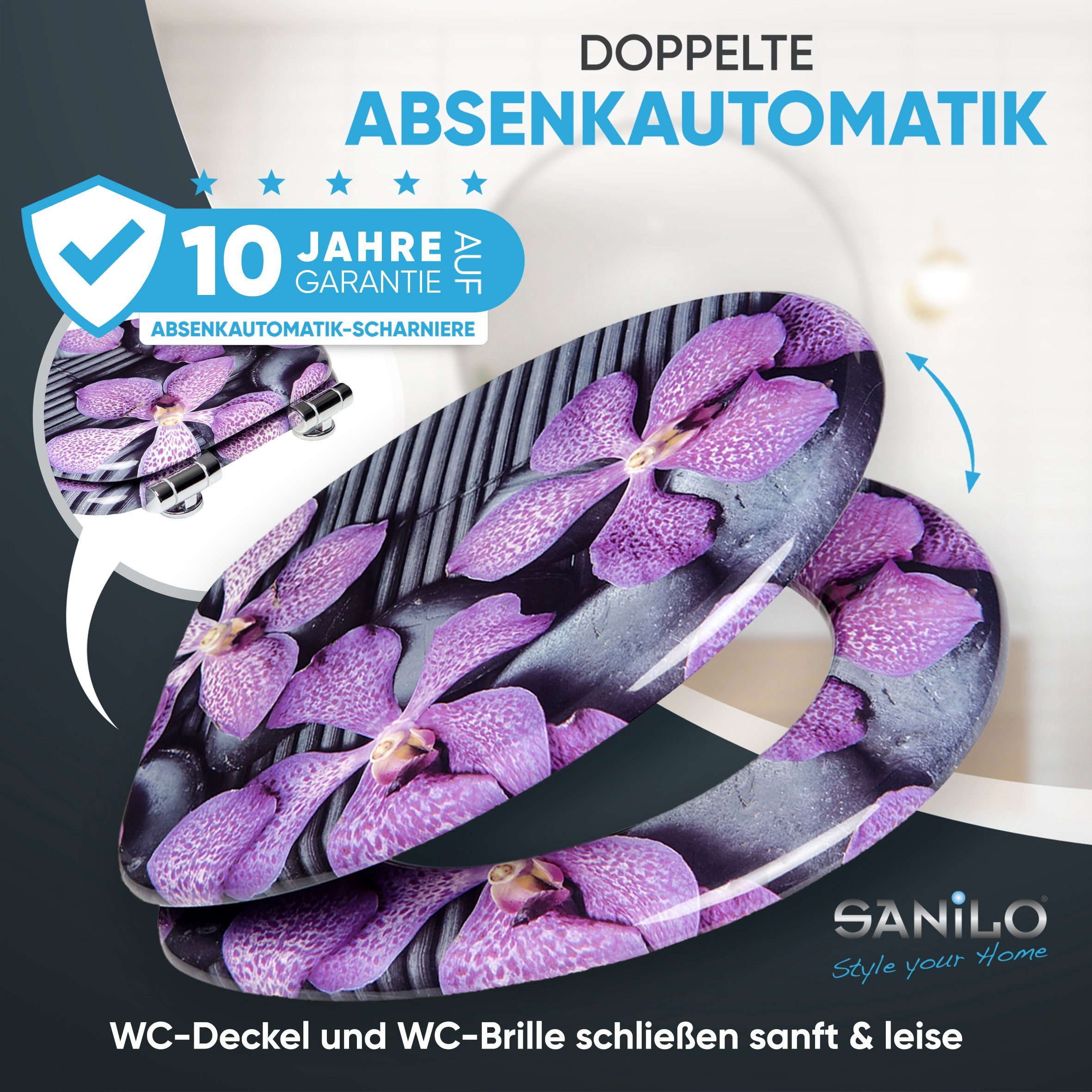 Sanilo WC-Sitz Vanda mit Absenkautomatik, Toilettendeckel direkt vom Hersteller, hochwertig & modern mit Motiv, universell, leichte Montage