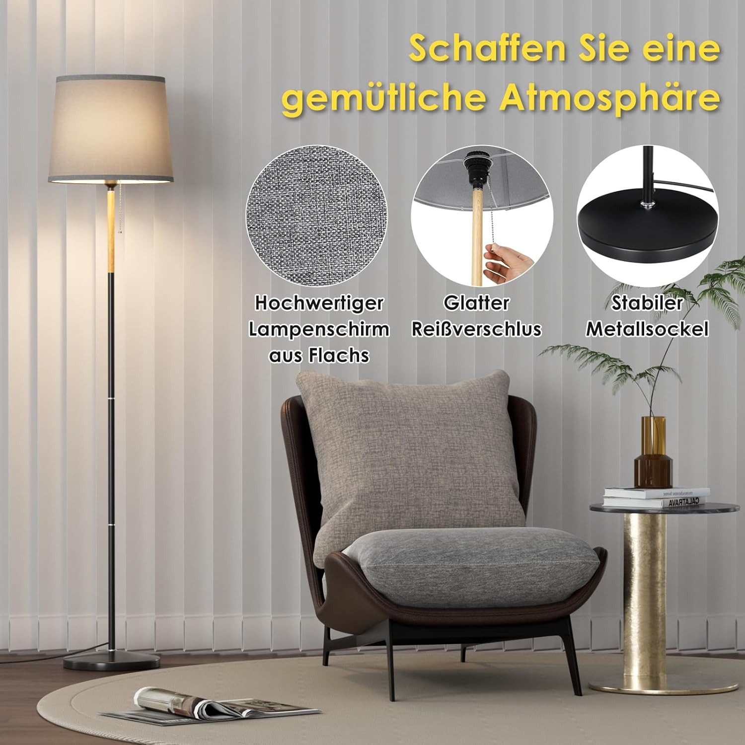 TLGREEN Stehlampe LED Stehleuchte, Wohnzimmerlampe, E27 Lampensockel, Max. 60W, ohne Leuchtmittel, 170cm Höhe für Wohnzimmer, Schlafzimmer, Arbeitszimmer, Stehlampe Leinen Lampenschirm