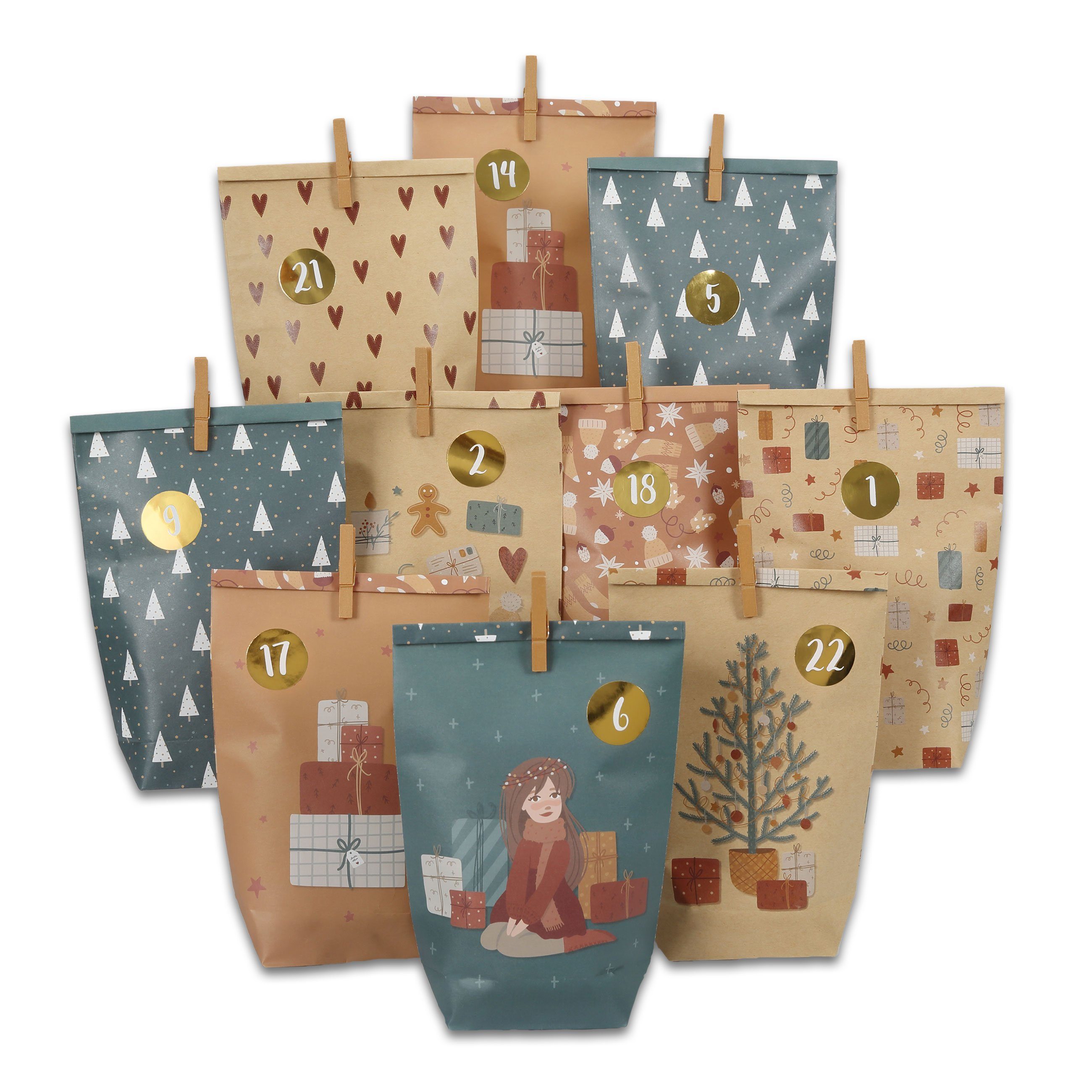 PAPIERDRACHEN befüllbarer Adventskalender Adventskalender mit bedruckten Tüten, Adventskalender zum selber befüllen