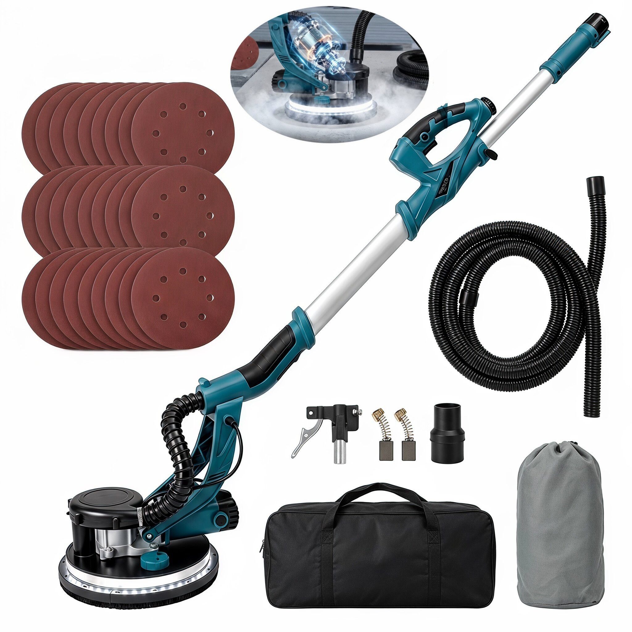 oyajia Trockenbauschleifer Wand und Deckenschleifer 1250W Elektroschleifer mit 12 Schleifscheiben, max. 2800 U/min, 7 variablen, ausziehbarem Griff, LED-Beleuchtung, langem Staubschlauch