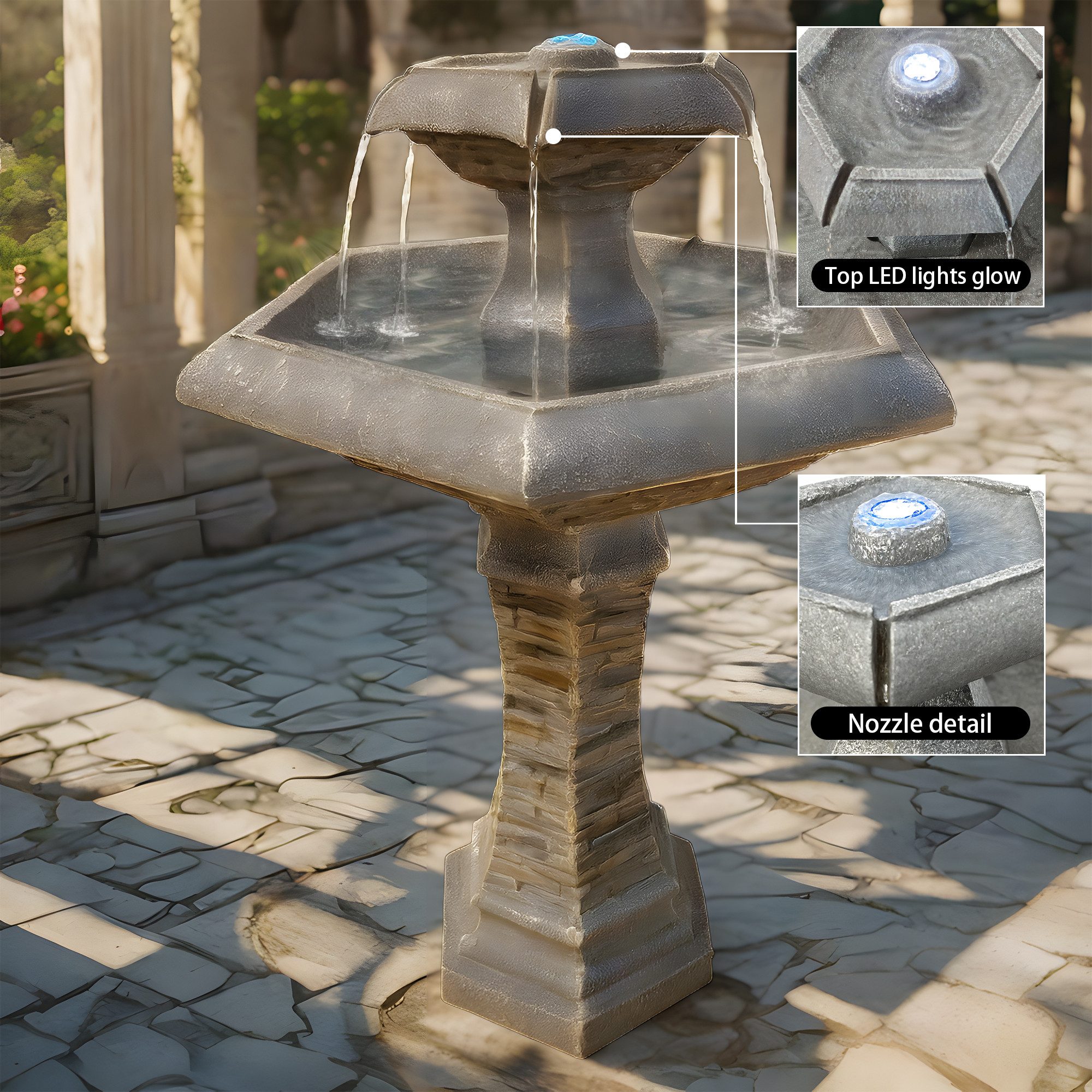 Köhko Gartenbrunnen Köhko® Hexagon Eleganz Gartenbrunnen mit LED Beleuchtung