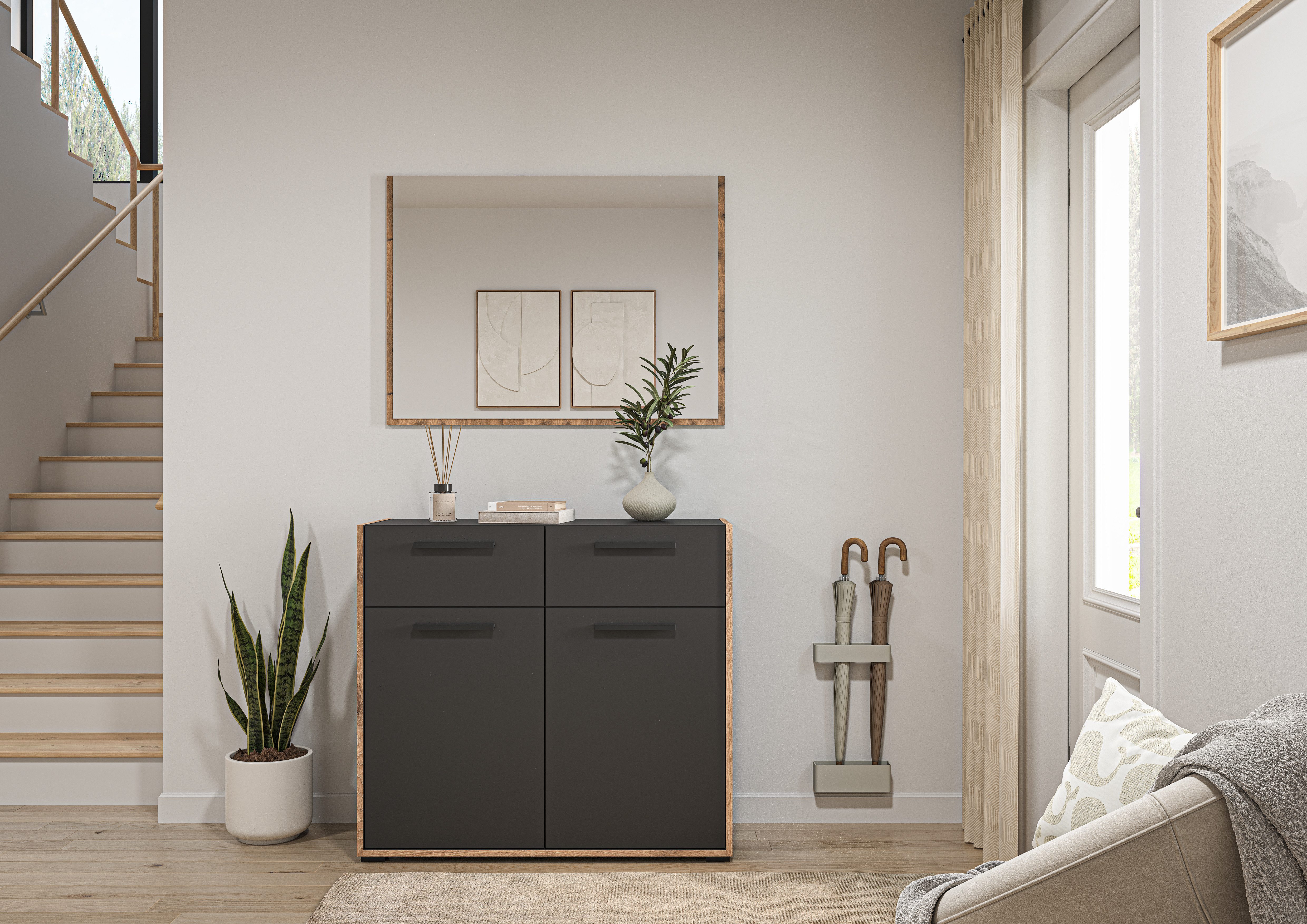furnling Garderoben-Set Burea, (2-St., Kommode, Spiegel), 2 Schubladen, 2 Türen, pflegeleichte Oberfläche, Breite 95 cm