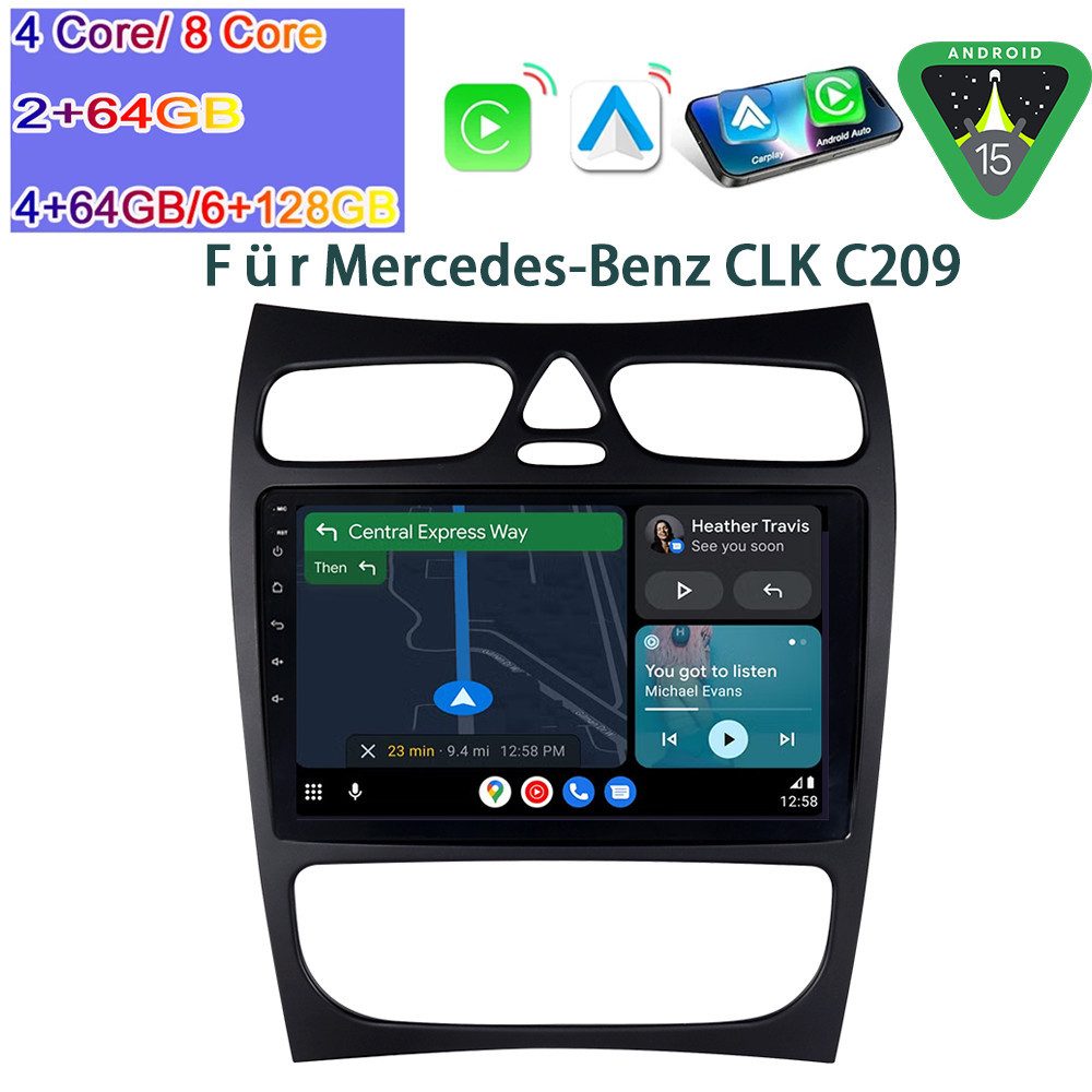 A-Sure Autoradio Android 15 Carplay Für Mercedes Benz C-Klasse W203 W209 Autoradio (Digitalradio (DAB), FM, AM)