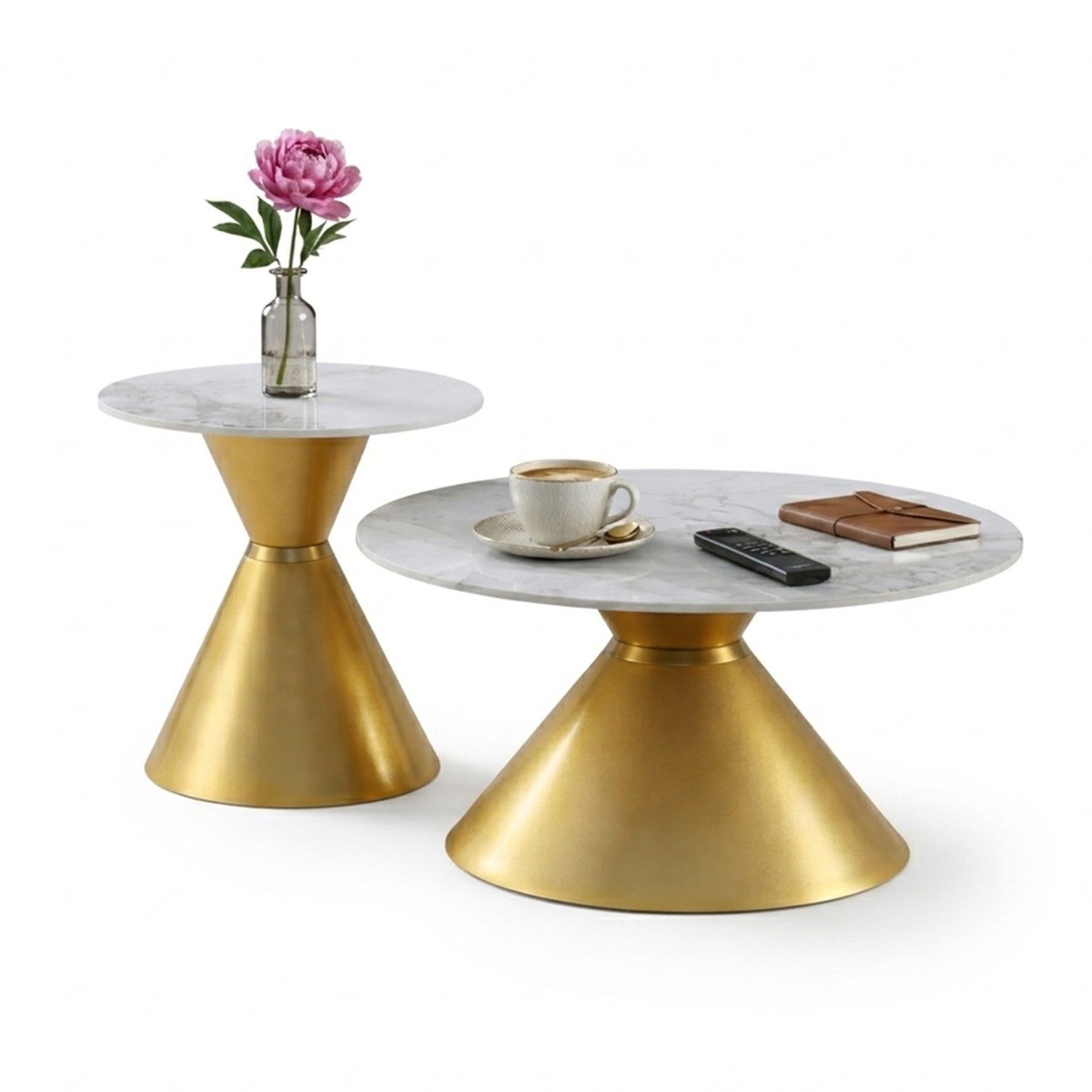 HOOZ Couchtisch Couchtisch rund 2er Set Keramik, Beistelltisch stapelbar 80/50 cm Gold (Set, 2× Couchtisch), Keramik-Tischplatte, Marmor-Optik, pflegeleicht