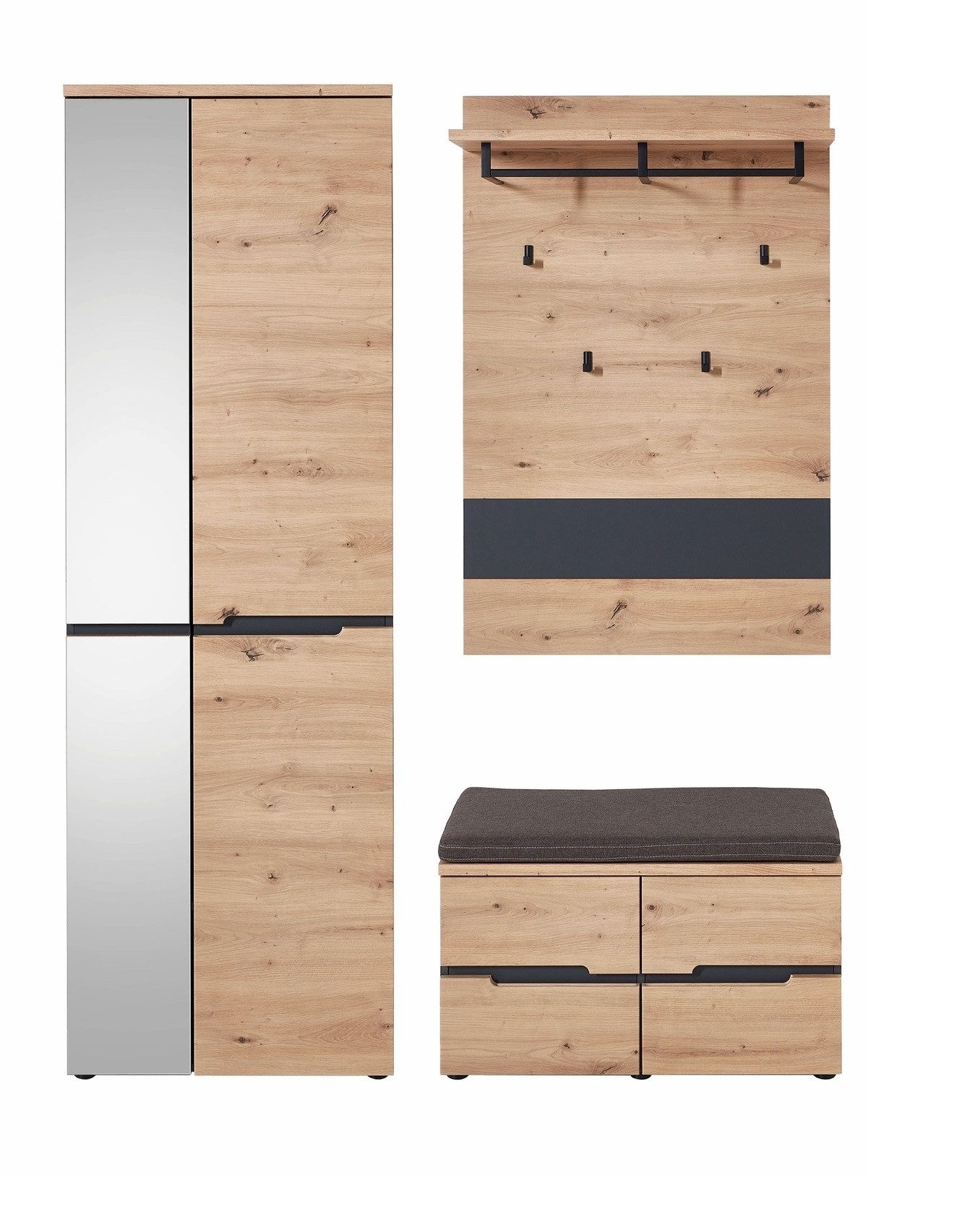 freiraum Garderoben-Set Memphis, (3-teilig) Artisan Eiche Dekor / Graphit - 145x192x38 (BxHxT)