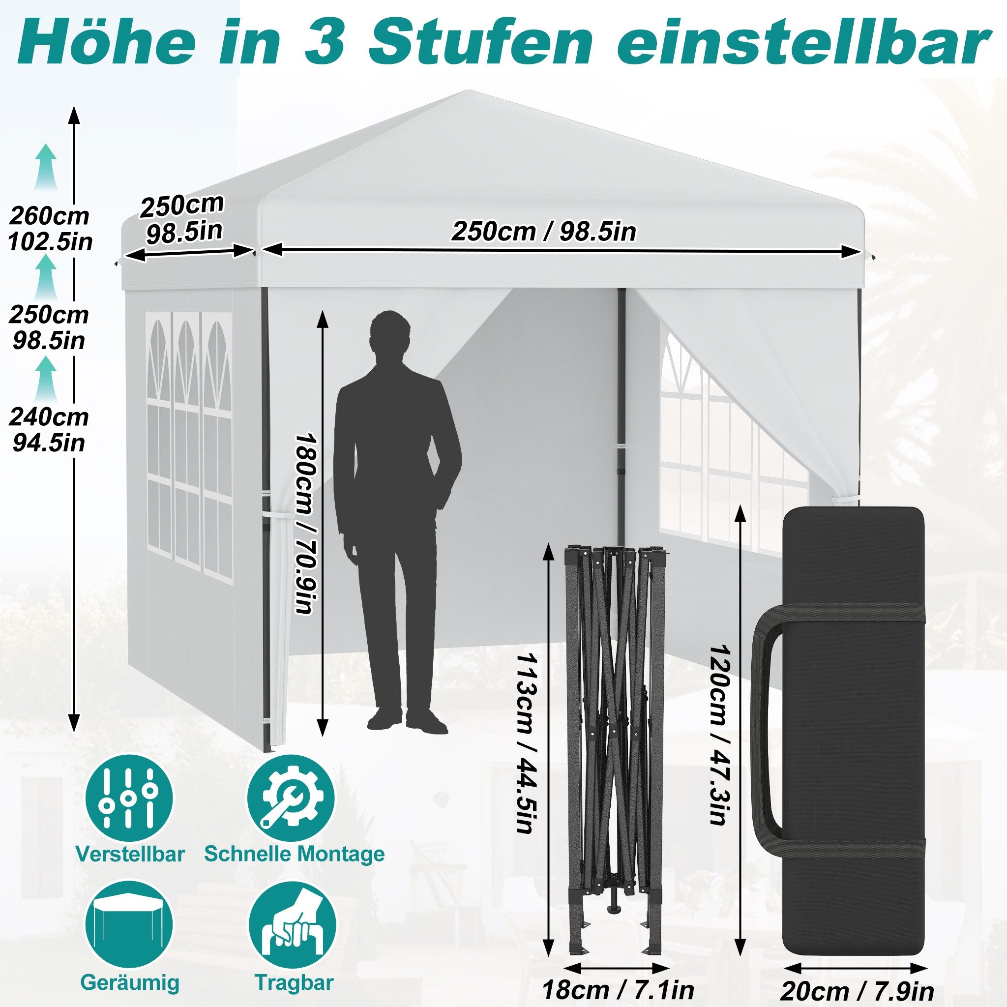 FIVMEN Partyzelt Pop Up Pavillon 2.5x2.5m Stabil Faltpavillon mit 4 Seitenwänden, Partyzelt Faltbar für Hochzeit Innenhof Höheverstellbar 240-260cm