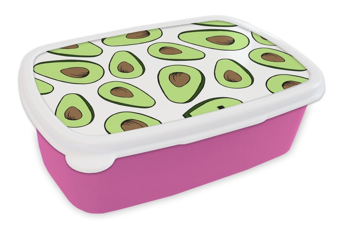 MuchoWow Lunchbox Avocado - Muster - Pastell, Kunststoff, (2-tlg), Brotbox für Erwachsene, Brotdose Kinder, Snackbox, Mädchen, Kunststoff rosa