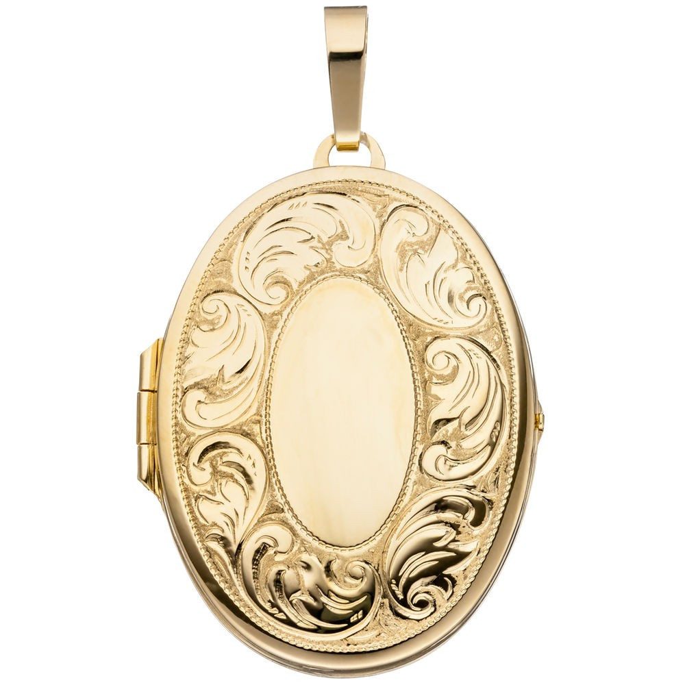 Schmuck Krone Kettenanhänger Medaillon für 2 Fotos, oval mit Muster, 925 Silber, Silber 925