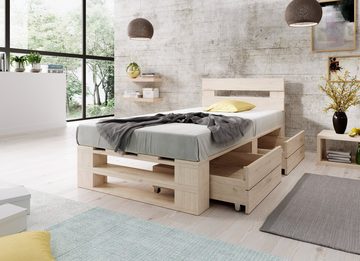 sunnypillow Palettenbett M2 aus Holz mit Kopfteil und 2 Bettkästen, 2 x Bettschubladen Natur