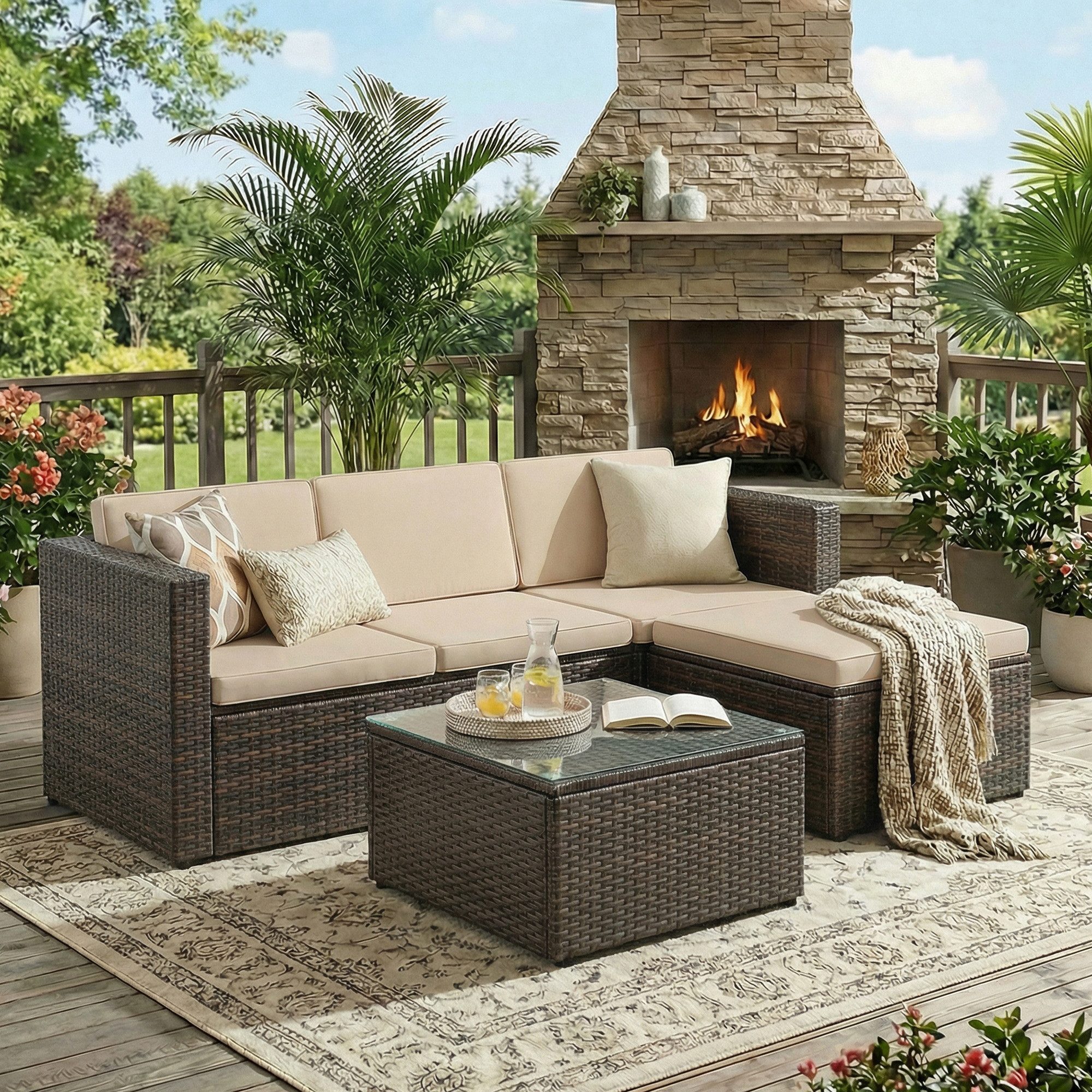 SONGMICS Gartenlounge-Set, (5-tlg., 1 Ecksofa, 1 Hocker, 1 Couchtisch, 7 Kissen), Balkonmöbel, handgeflochtenes Rattan