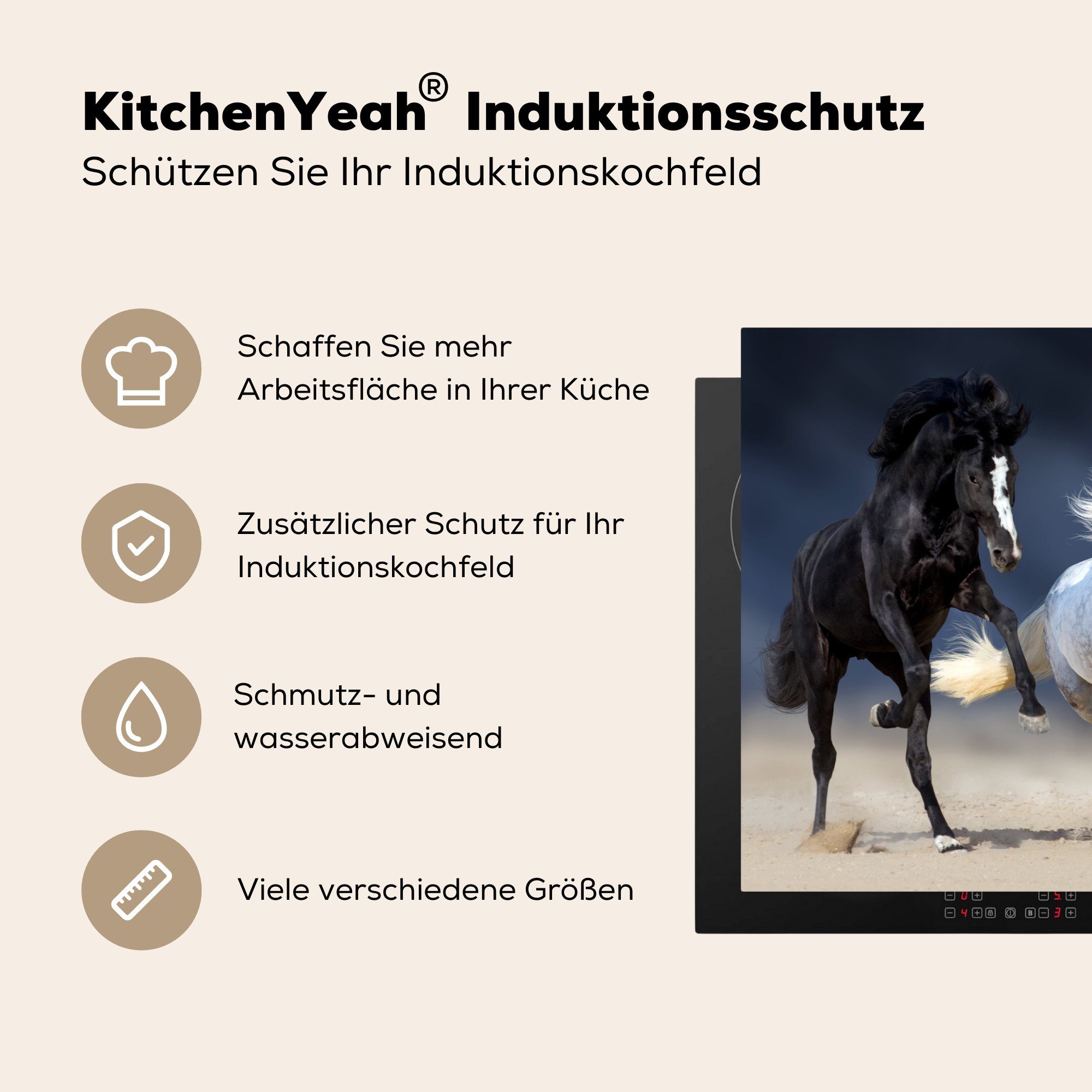 MuchoWow tlg), für 77x51 küche Arbeitsplatte Vinyl, (1 cm, - Ceranfeldabdeckung, Sand, Herdblende-/Abdeckplatte Pferde Tiere -