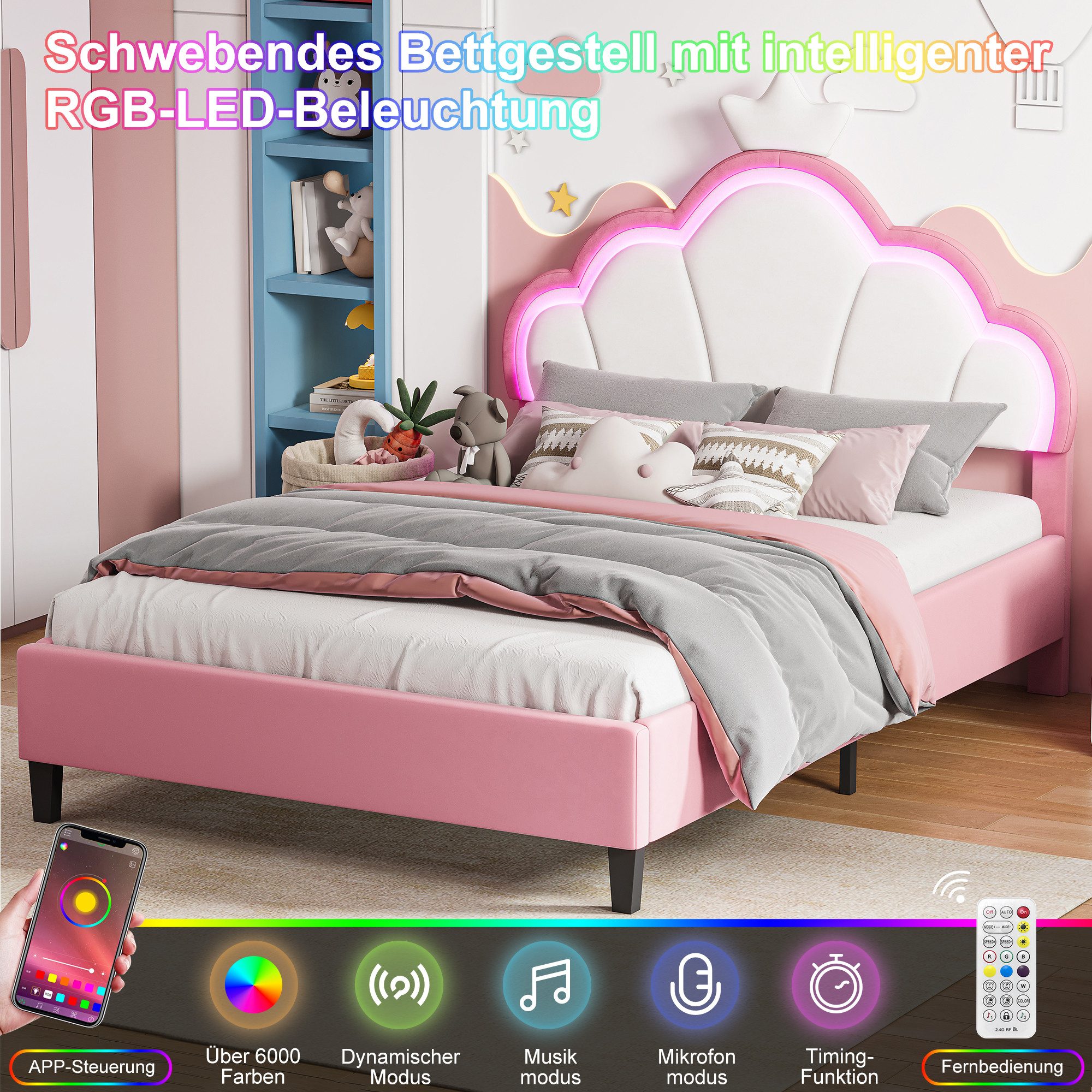 Simurq Kinderbett Mädchenbett 140x190 cm mit LED Verstellbares-Kopfteil in Kronenform (Einzelartikel, Jugendbett Gästebett für kinder/Erwachsenen,ohne Matratze) – Bild 5 von 5