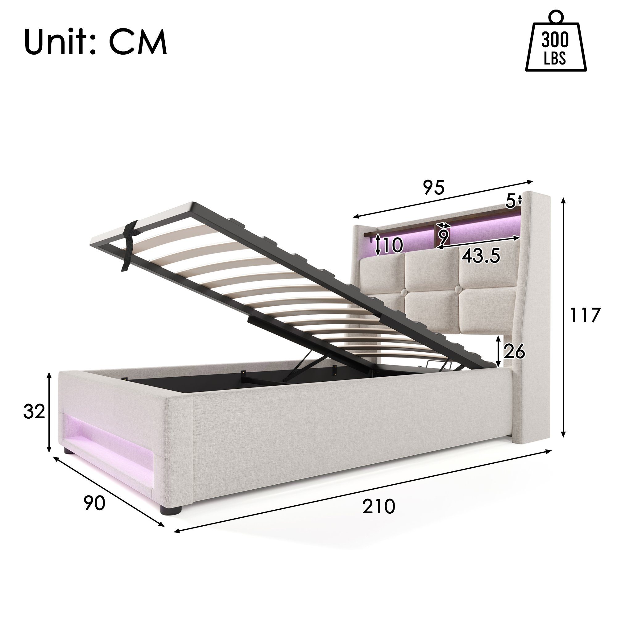 Polsterbett (Funktionsbett, 90x200 cm Hydraulisches Bett mit Lattenrost), Stauraumbett mit LED-Beleuchtung und USB-Anschluss, Baumwolle-Leinen