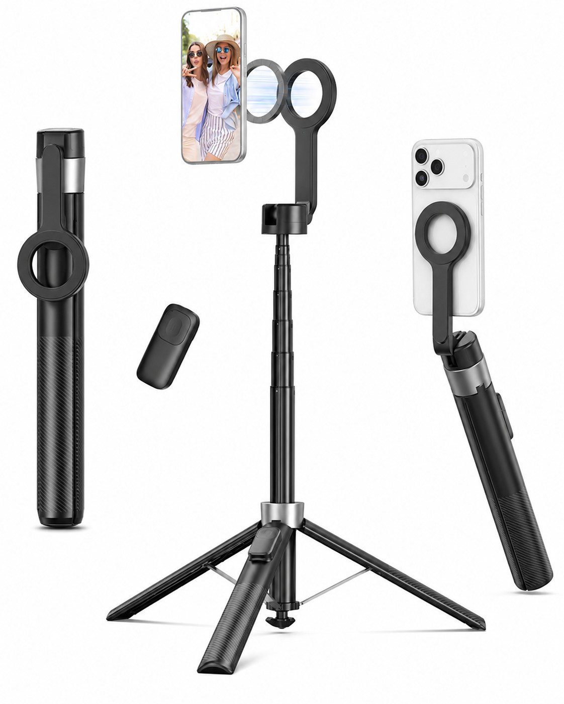 AIMAX Selfie-Stick 180 cm Selfie-Stick, 3-in-1 Handy Stativ mit Magnet-Halterung, Selfie Stick Stativ mit Bluetooth-Fernbedienung, Schwarz