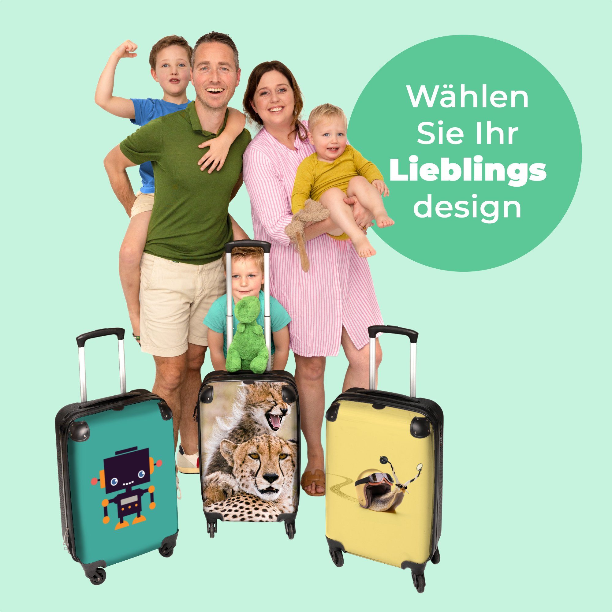 mit NoBoringSuitcases.com© 4 Kinderkoffer - - Rollen, Savanne Ferien, Koffer Porträt, - Wildtiere 55x35x20cm Gepard Kindertrolley, rollen, für Handgepäck Reisetasche