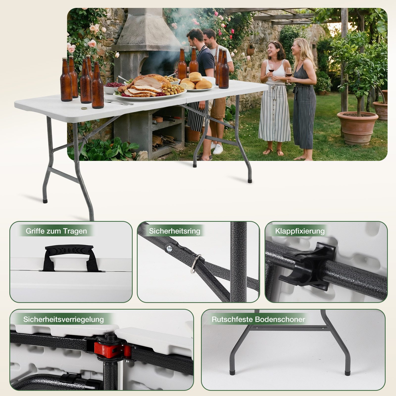 Sekey Bierzeltgarnitur Campingtisch Klappbar Partytisch Buffettisch Gartentisch Tragbar, Klappbarer, für 4 Personen, mit Tragegriff, Weiß