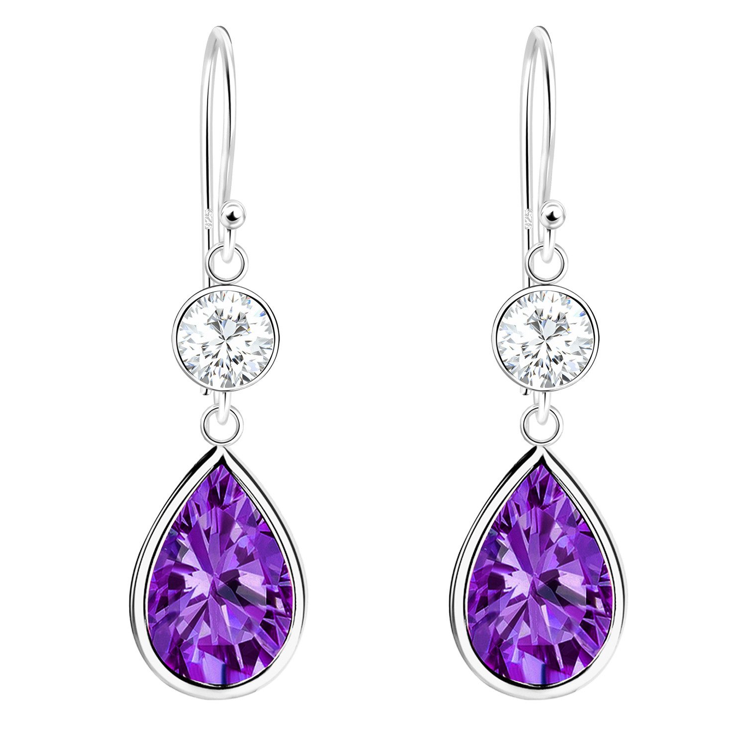 LÖB Paar Ohrhänger 925 Silber Ohrringe Hängend Zirkonia Stein Tropfen Oval Anhänger Lila (Geschenke für Frauen Damen Beste Freundin Mutter Mama Ehefrau Oma sie zum Geburtstag Schmuck Sommer, Inkl. Schmuckbox), Amethyst Ohrhänger Strass Glitzer Tropfenanhänger Tropfenform Lang