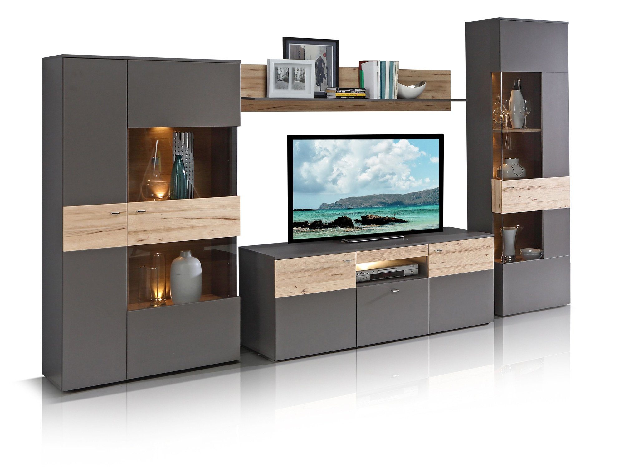 Moebel-Eins Wohnzimmer-Set, CLARA Wohnwand, Material Dekorspanplatte,  grau/plankeneichefarbig online kaufen | OTTO