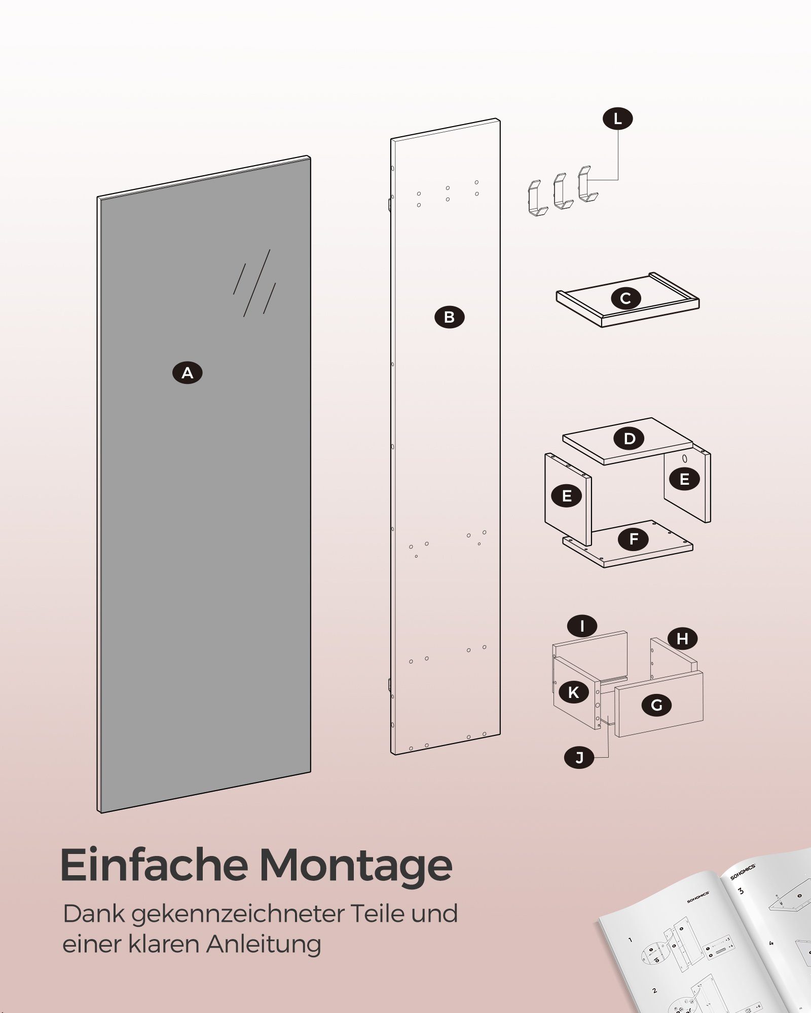 60 groß, Stauraum,108 Haken mit 3 x Wandspiegel, mit cm, Spiegel 17,5 SONGMICS x