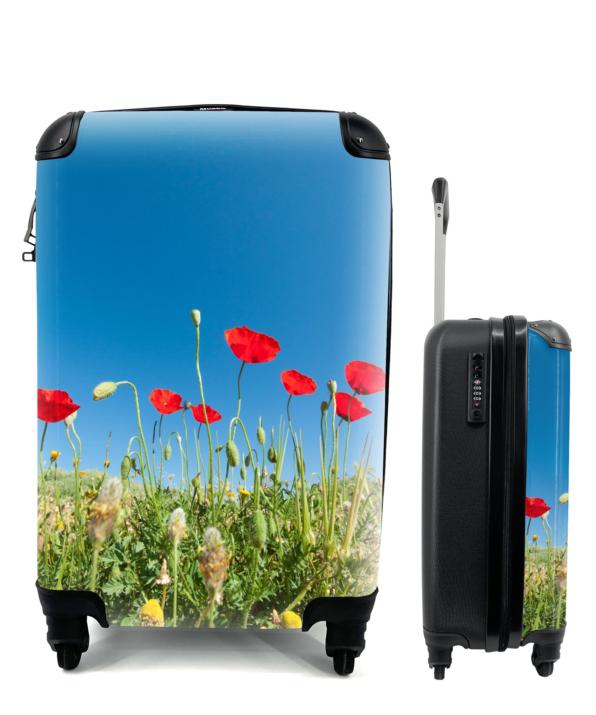 MuchoWow Handgepäckkoffer Rote Mohnblumen unter einem strahlend blauen Himmel in der Türkei, 4 Rollen, Reisetasche mit rollen, Handgepäck für Ferien, Trolley, Reisekoffer