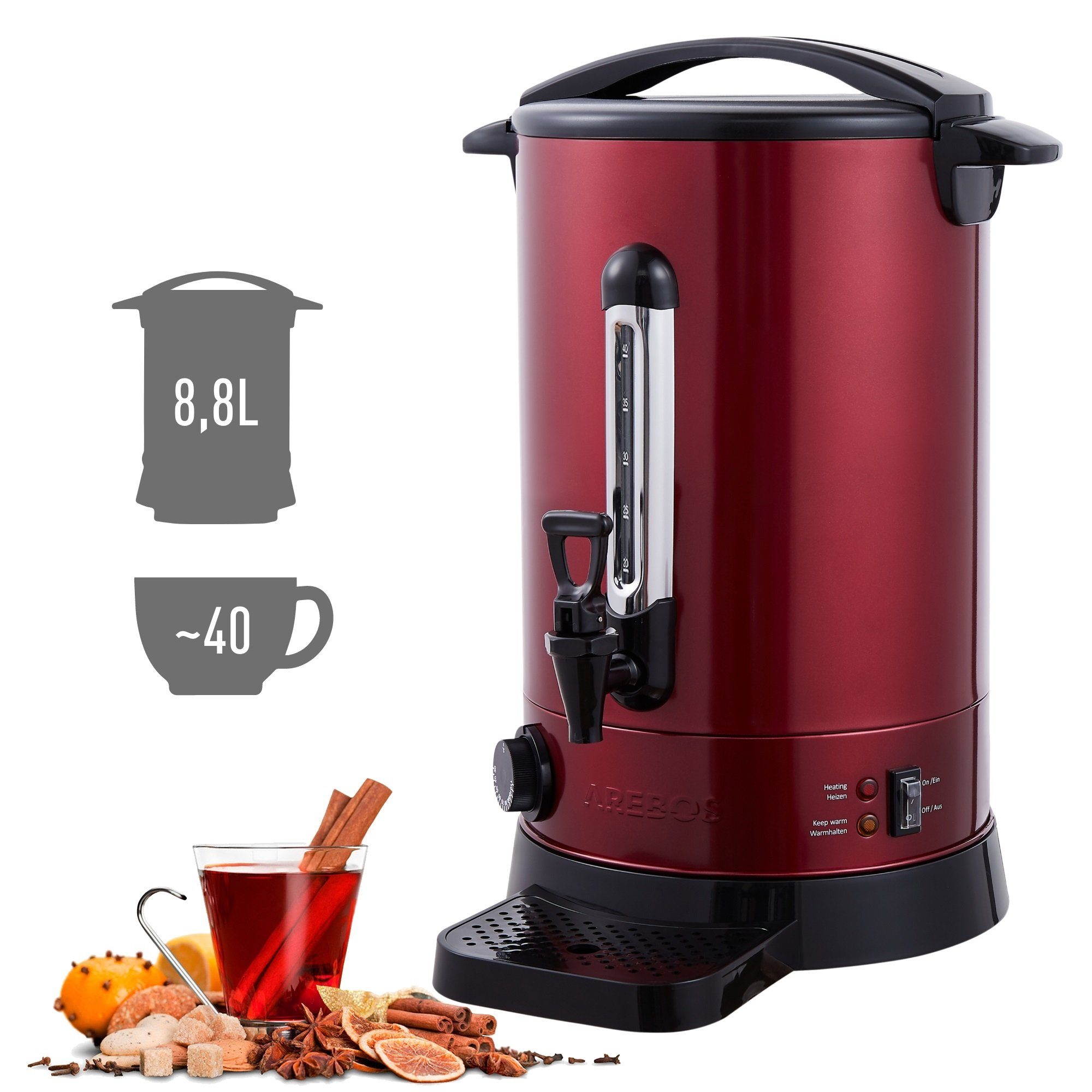 Arebos Einkoch- und Glühweinautomat 8,8 L, Überhitzungsschutz, Temperatureinstellung 30-110°C, 3 Farben, 950,00 W