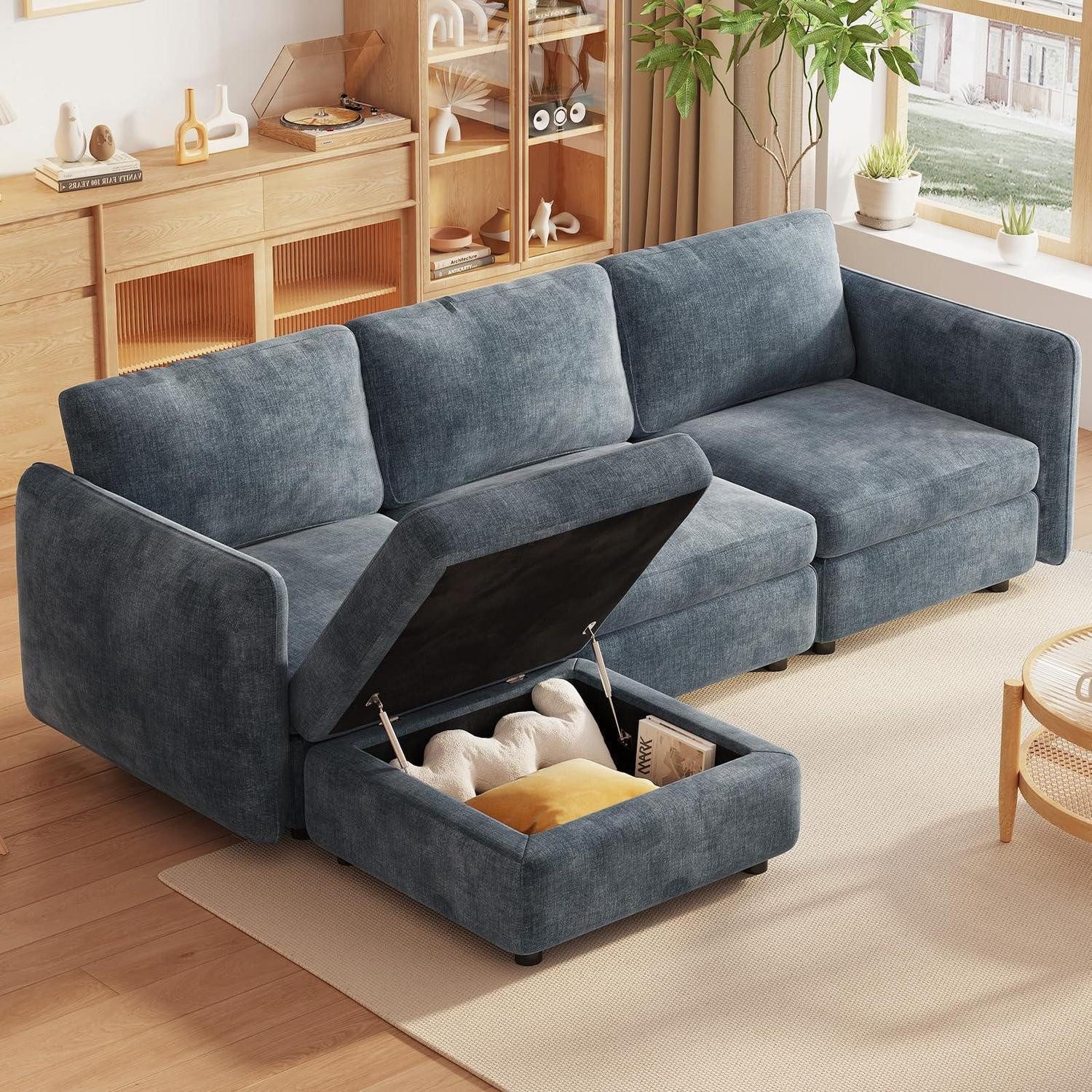 LuxusKollektion Ecksofa Ecksofa Stoff Wohnlandschaft 4 Sitzplätze 3 Sitze und 1 Ottomanen