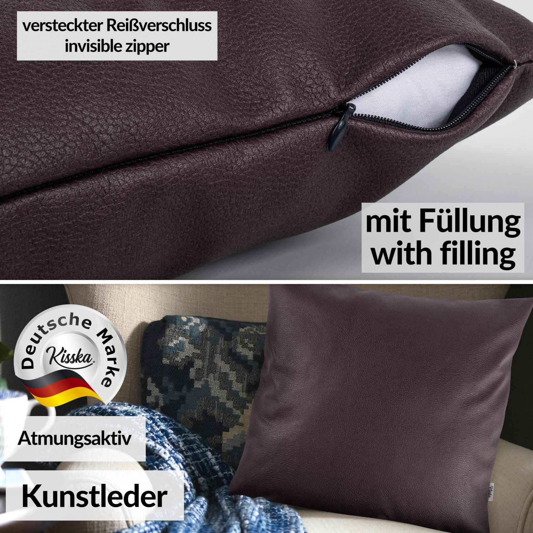 Kisska Dekokissen Kissenhülle KUMO atmungsaktive Kunstleder Kissenbezug Zierkissen, Kissenüberzug mit Füllung Leder-Optik UNI 40x40cm Einfarbig Braun