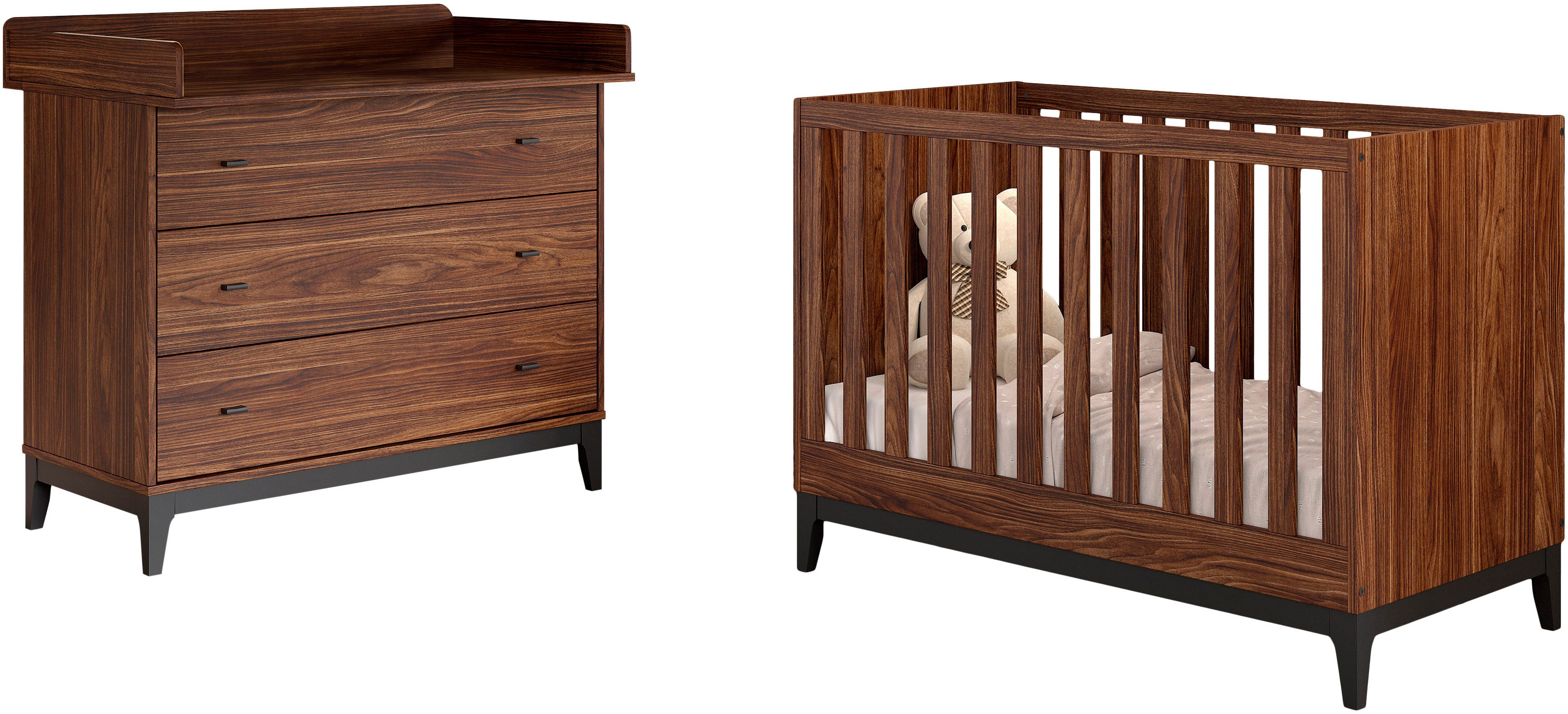 Vipack Babymöbel-Set Ilyas, das perfekte Set für Ihr Kinderzimmer, (3-tlg., Bett 60x120, Lattenrost 3-fach verstellbar, Kommode mit Wickelaufsatz), Pflegeleichte Oberfläche, Nussbaum Dekor