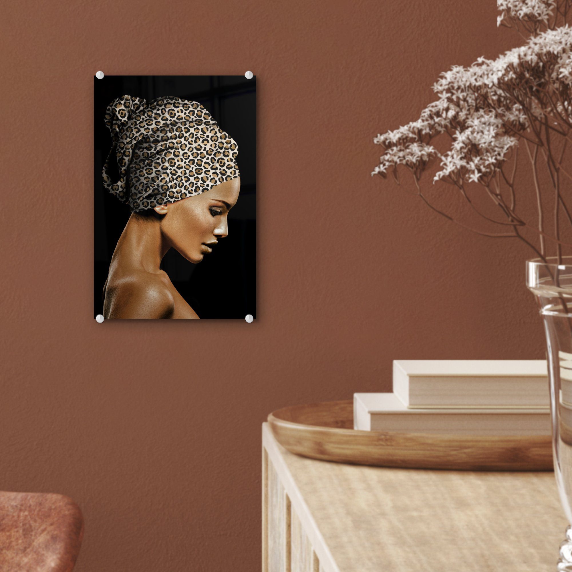 MuchoWow Tigerdruck, Wanddekoration Glas Acrylglasbild Glasbilder - St), - Frau - Glas (1 Bilder auf auf Kopftuch - Wandbild Foto -