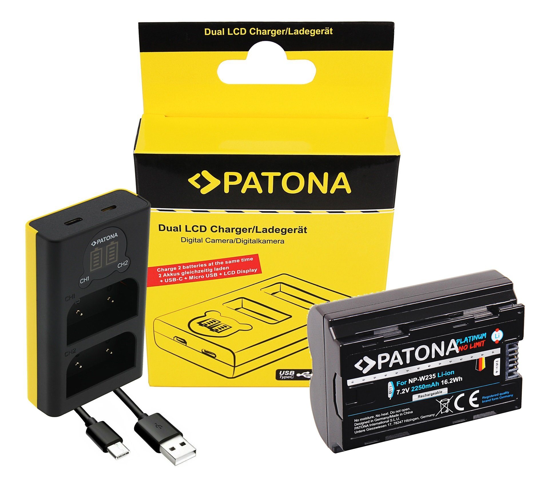 Patona 1 Akku + USB-C Ladegerät für die Fujifilm XT4 X-T4 Kamera-Akku NP-W235 2250 mAh, Dual Ladegerät mit USB-C Anschluss