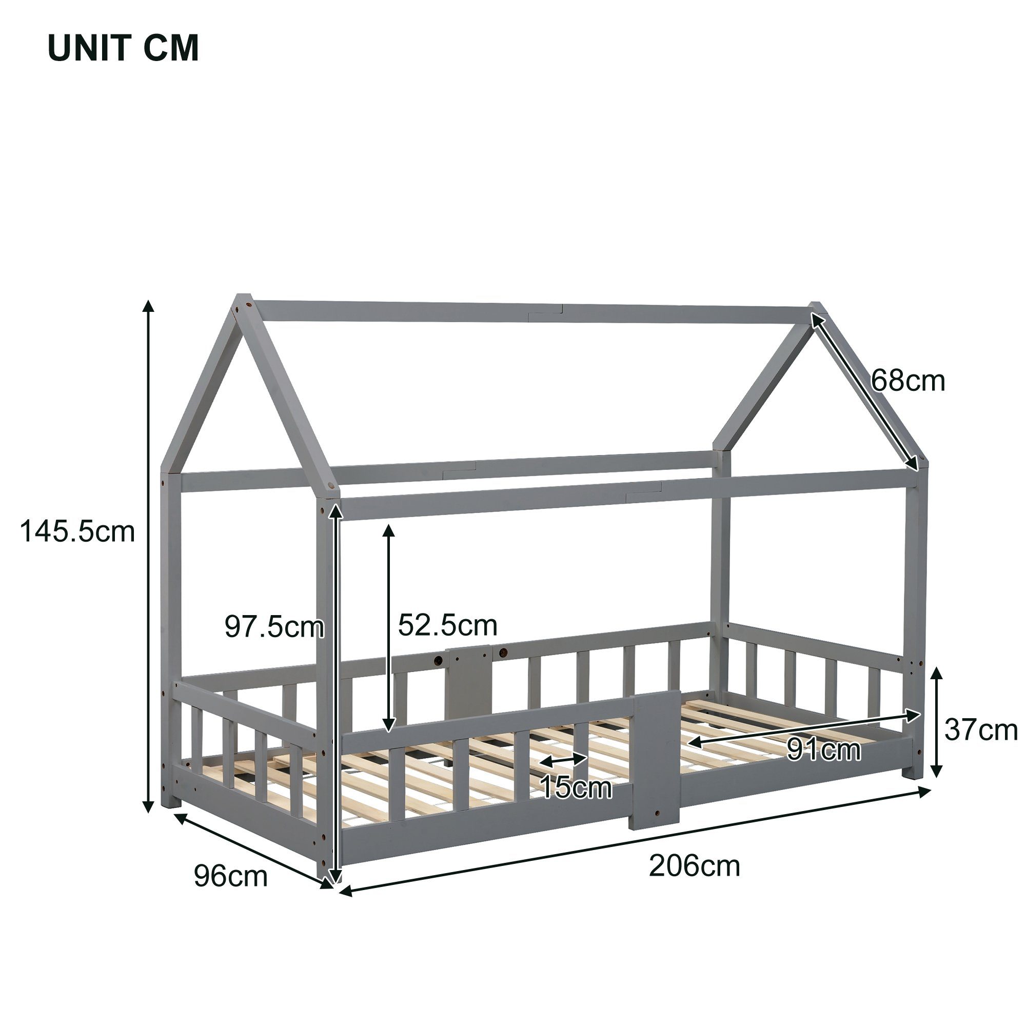 Merax Einzelbett Kinderbett, mit Rausfallschutz, Holz Grau mit Hausbett 90x200cm