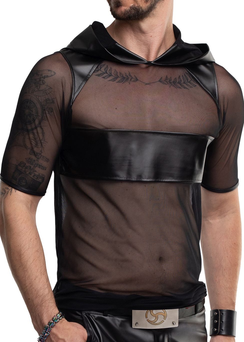 Regnes Fetish Planet T-Shirt Schwarze Herren wetlook Jacke Shirt Kapuze mit transparentem Netz, Kra