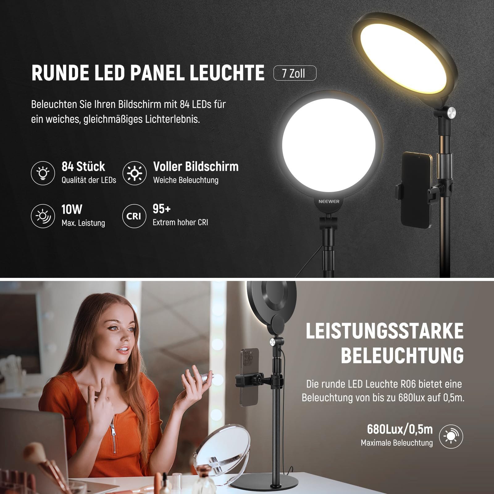 Neewer Ringlicht R06 Selfie-Licht 7", 10W dimmbar, Höhenverstellbar, mit Telefonhalter, Beschwerte Metallbasis, Tisch Ringleuchte für Video Live Stream
