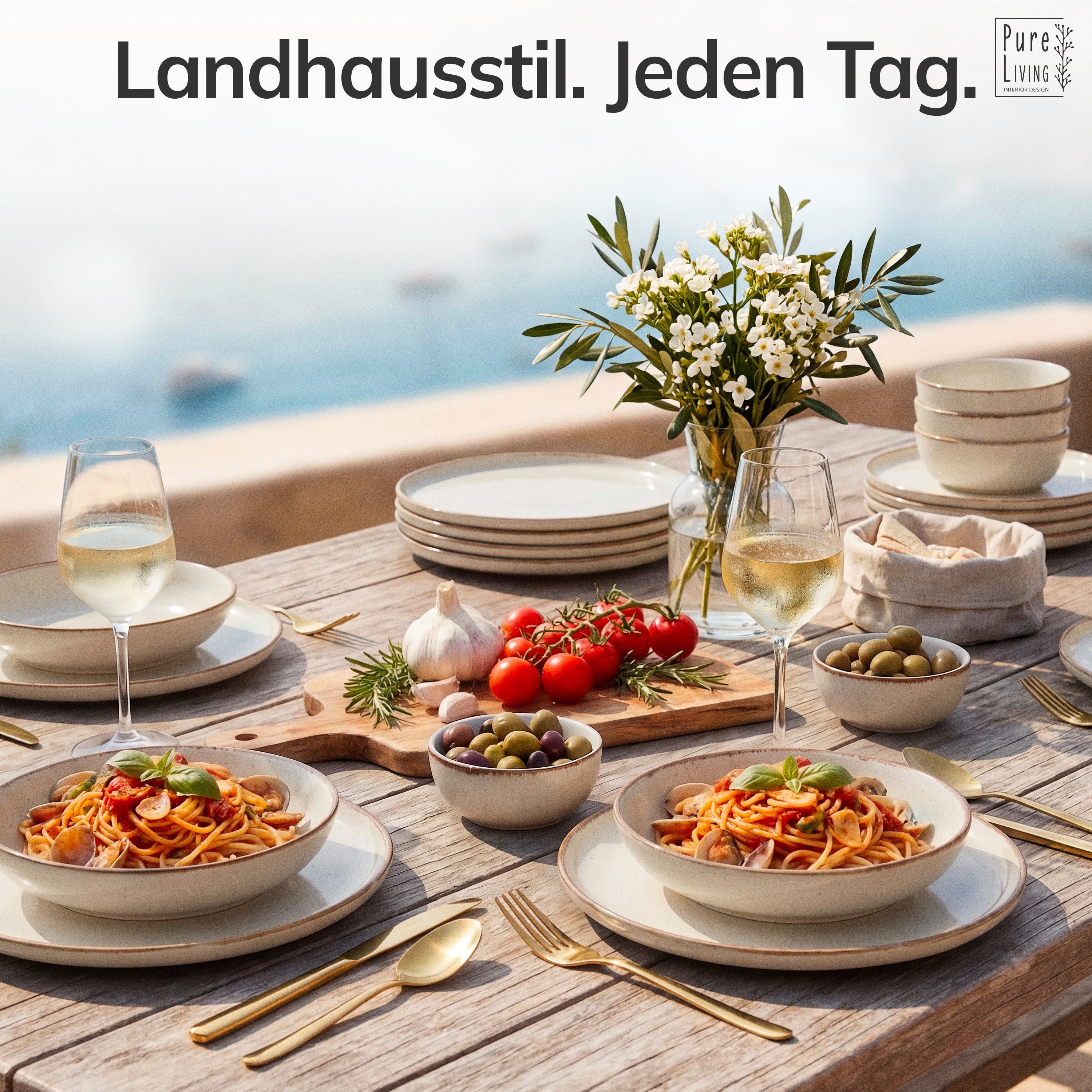 PURE LIVING INTERIOR DESIGN Geschirr-Set Pure Living Becher 6er 460ml »Rustic«, Steingut, Beige, 6 Personen, Steingut, Authentischer Landhausstil, Reaktive Glasur – jedes Stück ein Unikat,…
