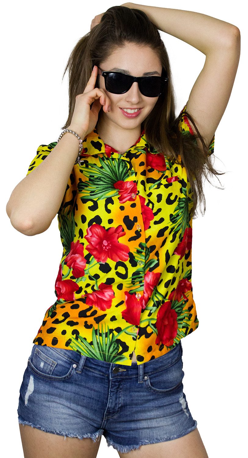 King Kameha Hawaiihemd Leopard Flowers Funky Hawaiibluse Damen Kurzarm Front-Tasche Stylish
