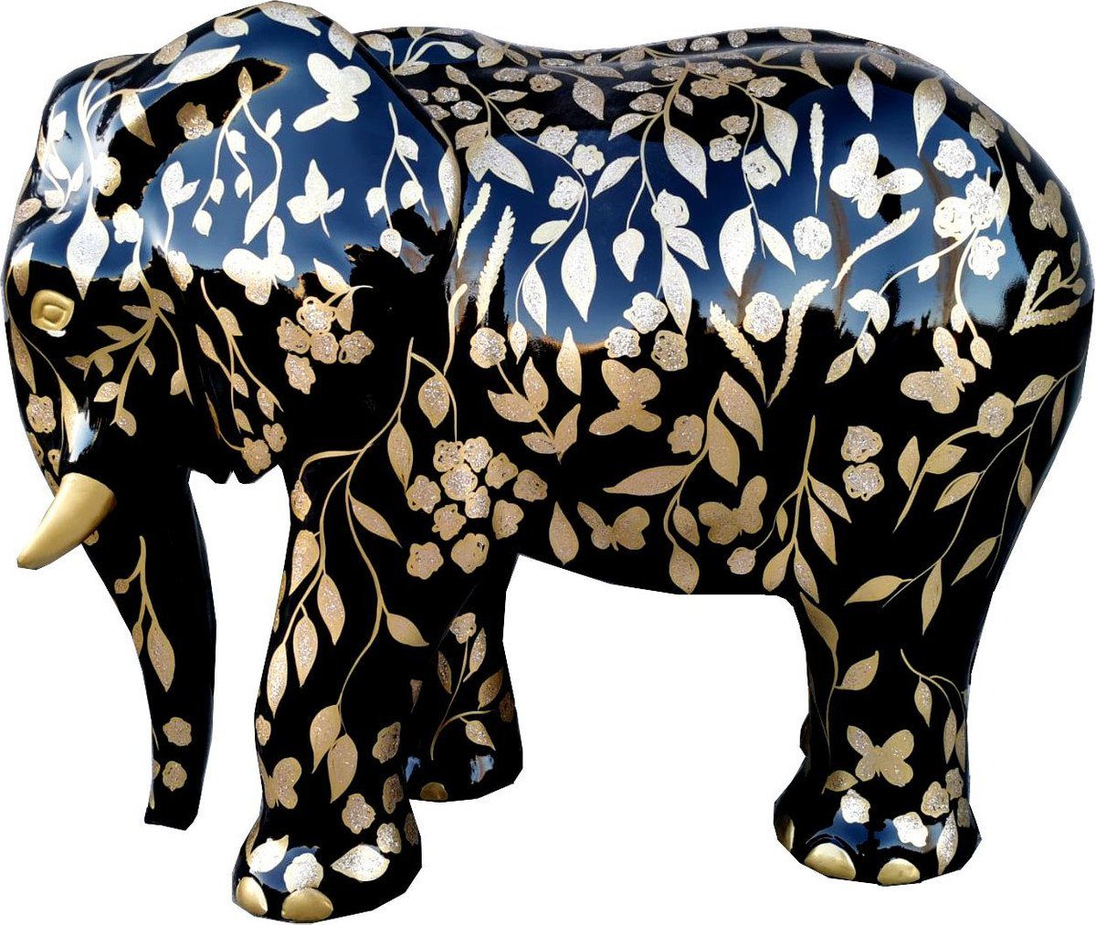 Casa Padrino Skulptur Designer Deko Skulptur Elefant mit Glitzer Look Schwarz / Gold 90 x H. 70 cm - Deko Tierfigur - Wetterbeständige Gartendekofigur - Deko Accessoires