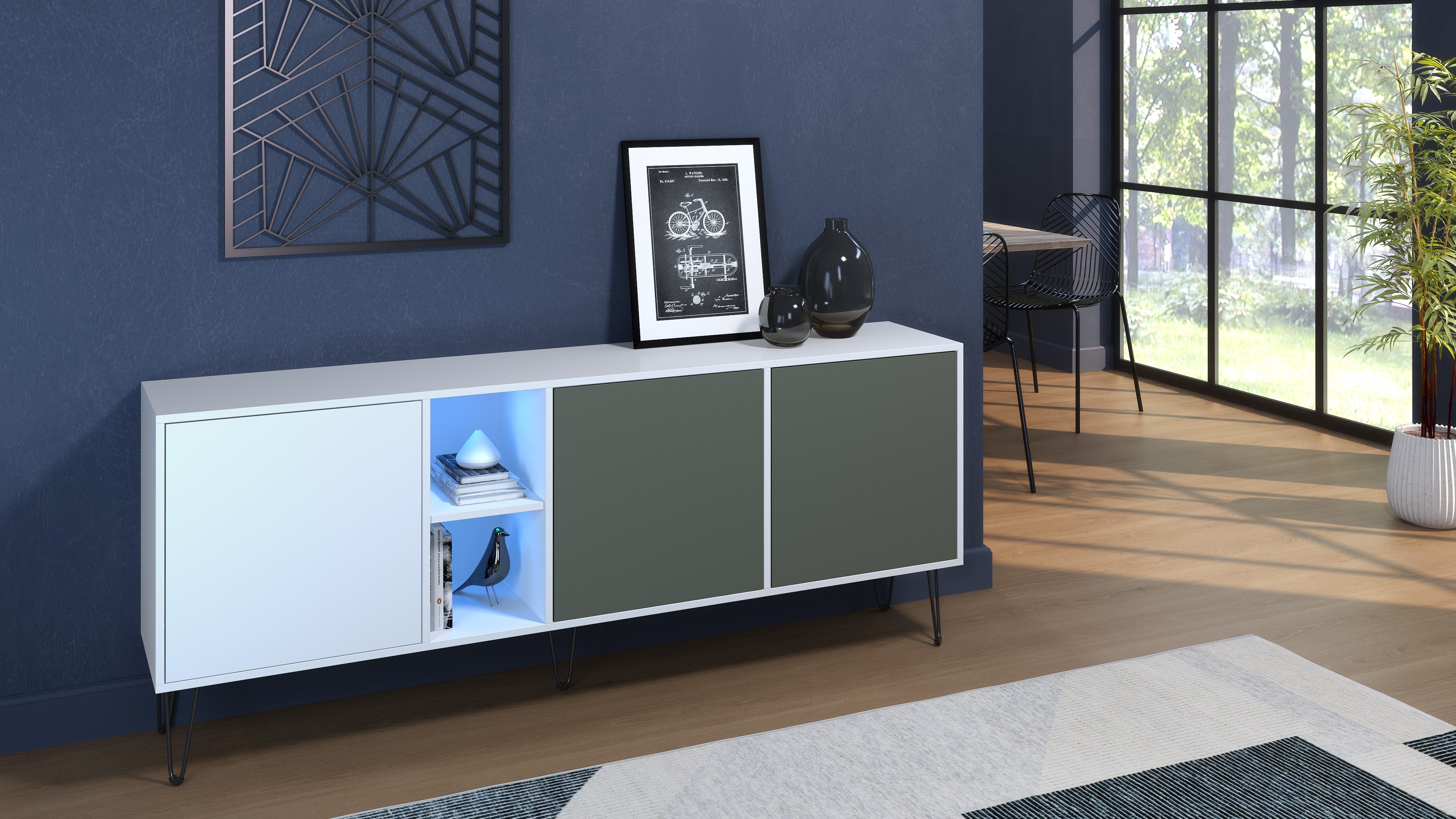 Vladon Sideboard Havana (TV-Schrank mit 3 Türen und 2 offene Fächer, Kommode mit LED, Made in Germany), Weiß matt / Fjord Grün (181,5 x 73 x 35 cm)