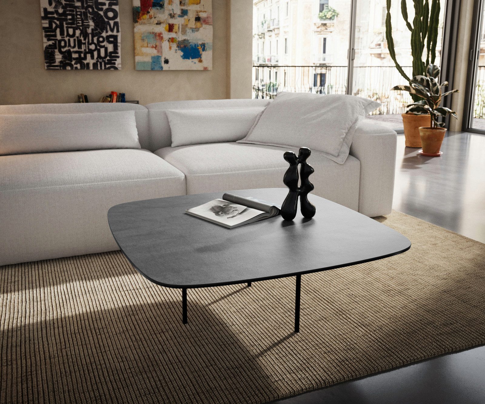 DELIFE Couchtisch Edge, Boot 90x90 cm Keramik Beton Grau Trive Edelstahl gebürstet