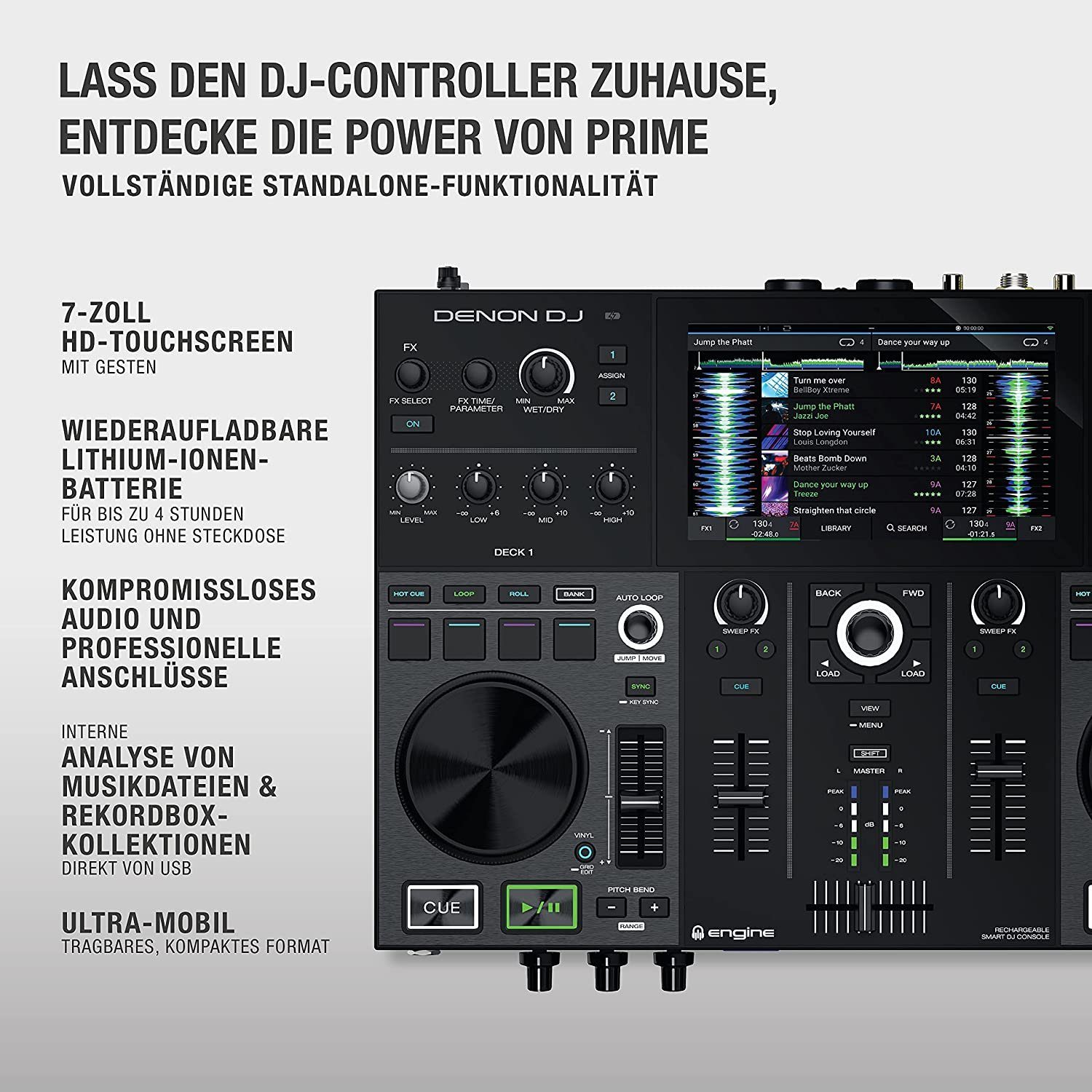 Denon DJ Controller DJ PRIME GO DJ-System - mit zwei Decks, 7“ Touchscreen, Effekteinheit