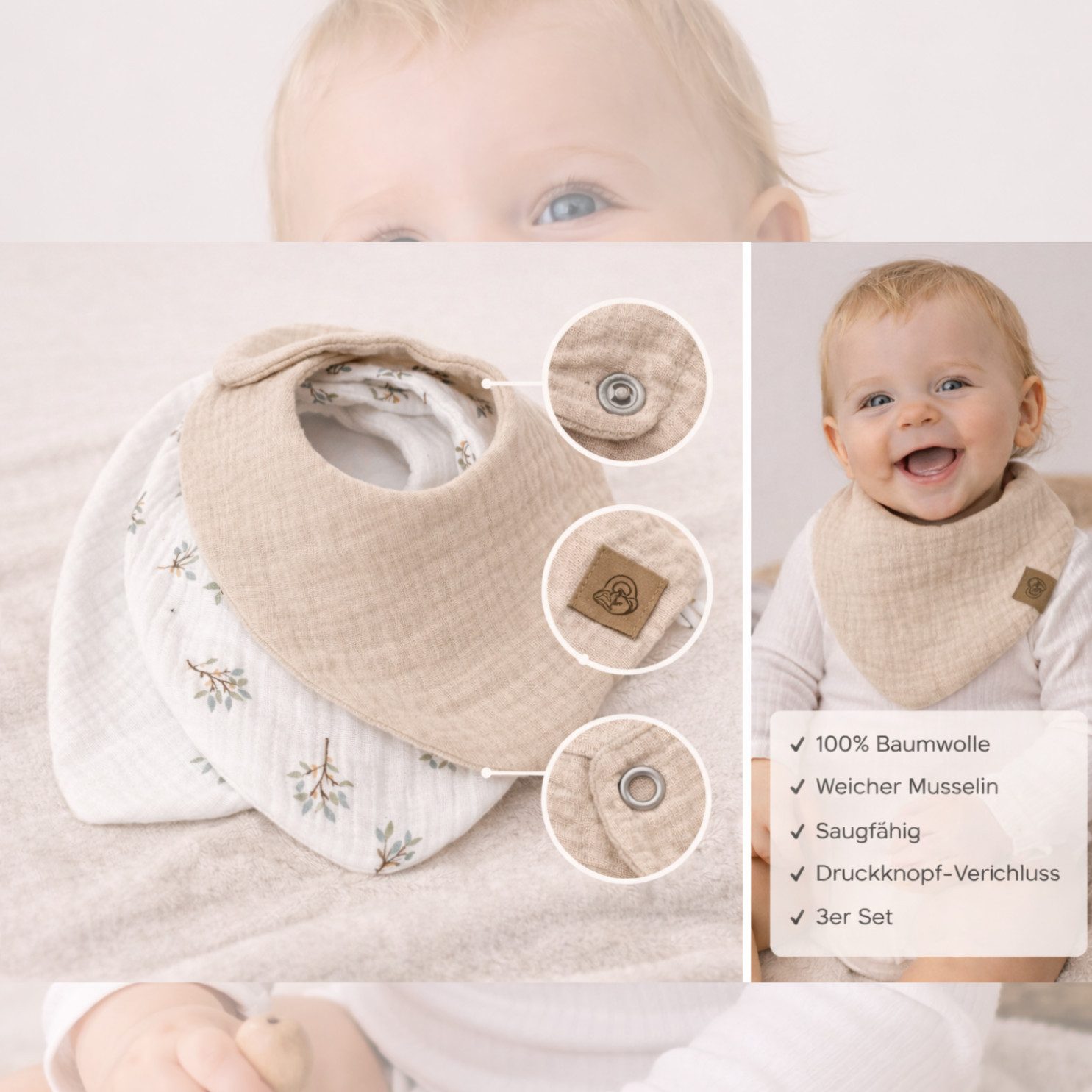 Babymajawelt Lätzchen Baby Halstücher Musselin 3er Set Sabberlätzchen, (Set, 3-St., 3 Stück Halstücher), Besonders weich und saugfähig, verstellbare Druckknöpfe, Made in EU
