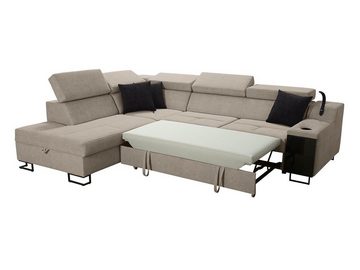 MIRJAN24 Ecksofa Alicante VII, mit Bettkasten und Schlaffunktion, Einstellbare Kopfstützen, USB-Anschluss, Barfach, Lampe