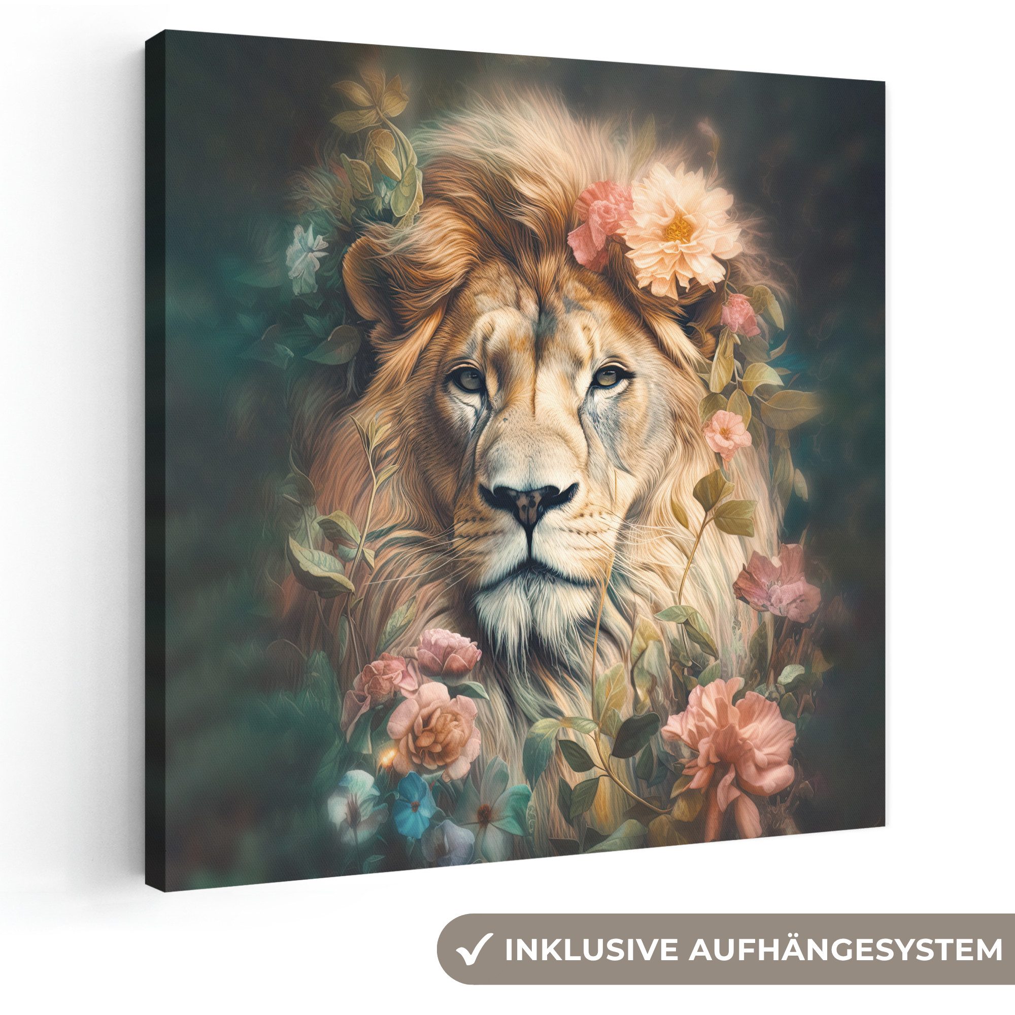 OneMillionCanvasses® Leinwandbild Löwe - Löwenkopf - Wilde Tiere - Blumen, Fotodruck (1 St), Wandbild, Deko Schlafzimmer Wohnzimmer Flur 20x20 cm