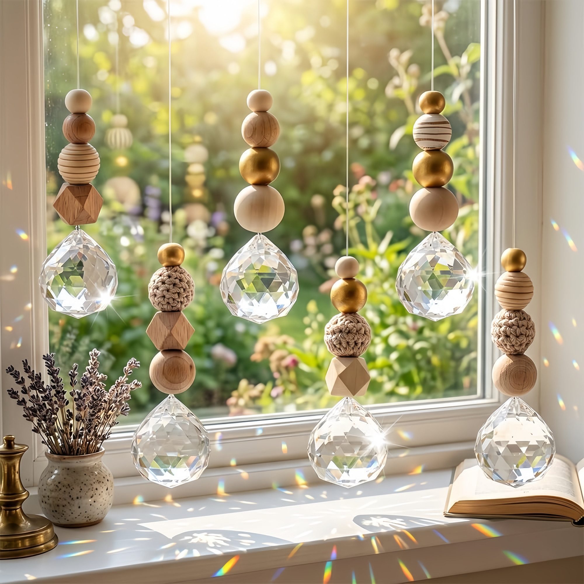 FOUORTUNATE-BEE Windspiel 6er Set Kristall-Sonnenfänger für Garten, Balkon & Fenster (6 St), Kristall-Sonnenfänger 6er Set zum Aufhängen für Fenster & Garten