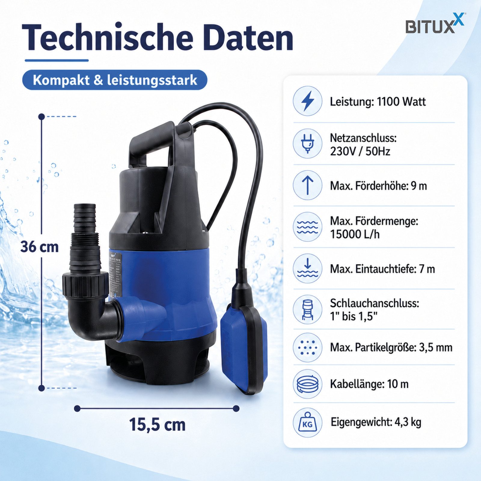Bituxx Tauchpumpe 1100 Watt (MS-15827) – Bild 5 von 5