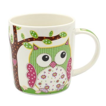 Dekohelden24 Tasse 2er Set Kaffeebecher Kaffeetasse aus Porzellan - Motiv: bunte Eulen, Porzellan