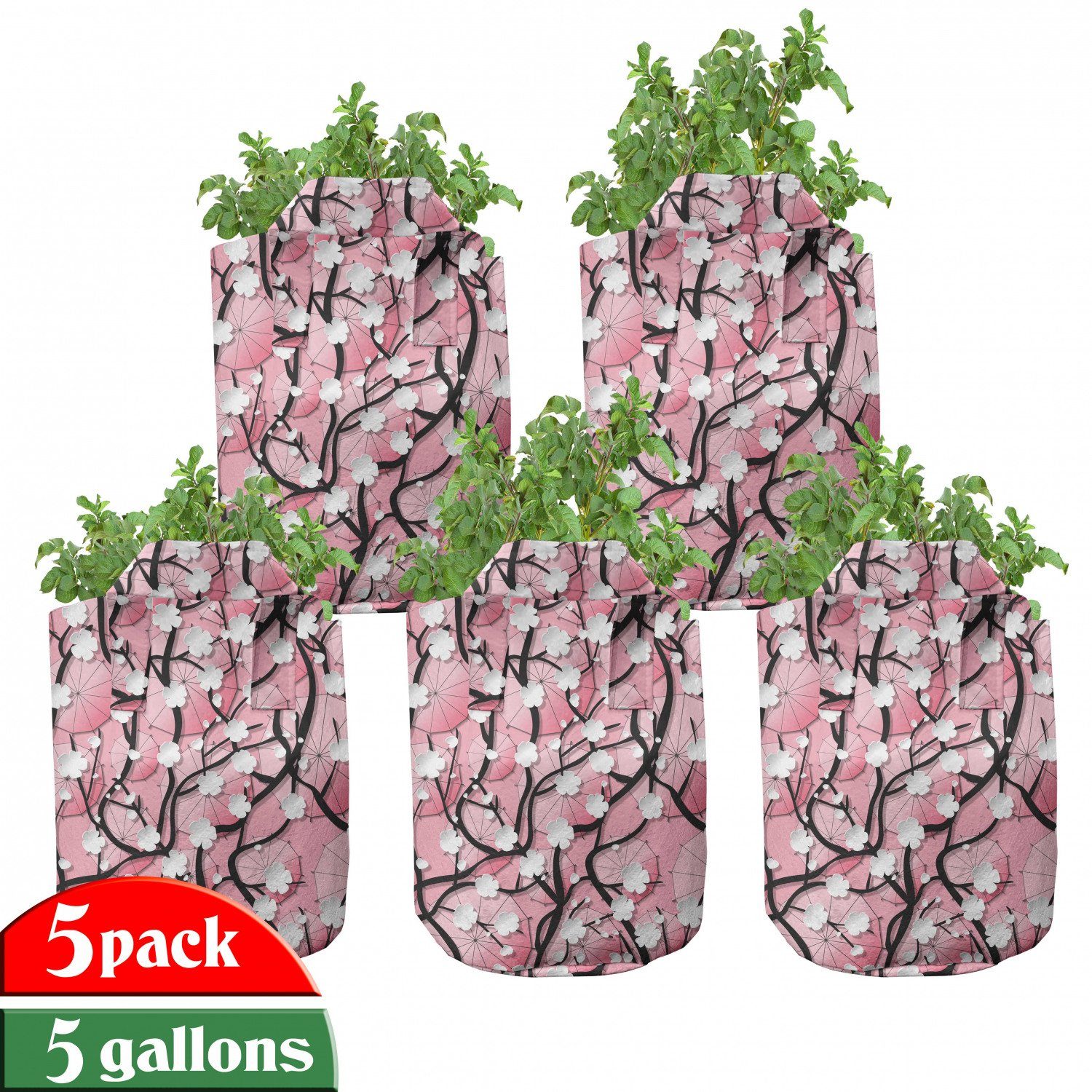 Abakuhaus Pflanzkübel hochleistungsfähig Stofftöpfe mit Griffen für Pflanzen, Rosa Sakura Baum Regenschirme