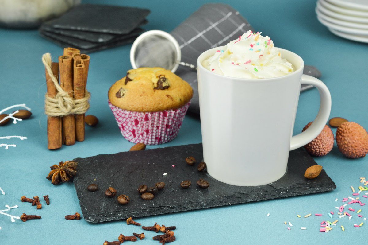 Sendez Becher Kaffeetasse auf Schieferplatte Tasse Kaffeebecher Teetasse Becher, 1-tlg., Keramik