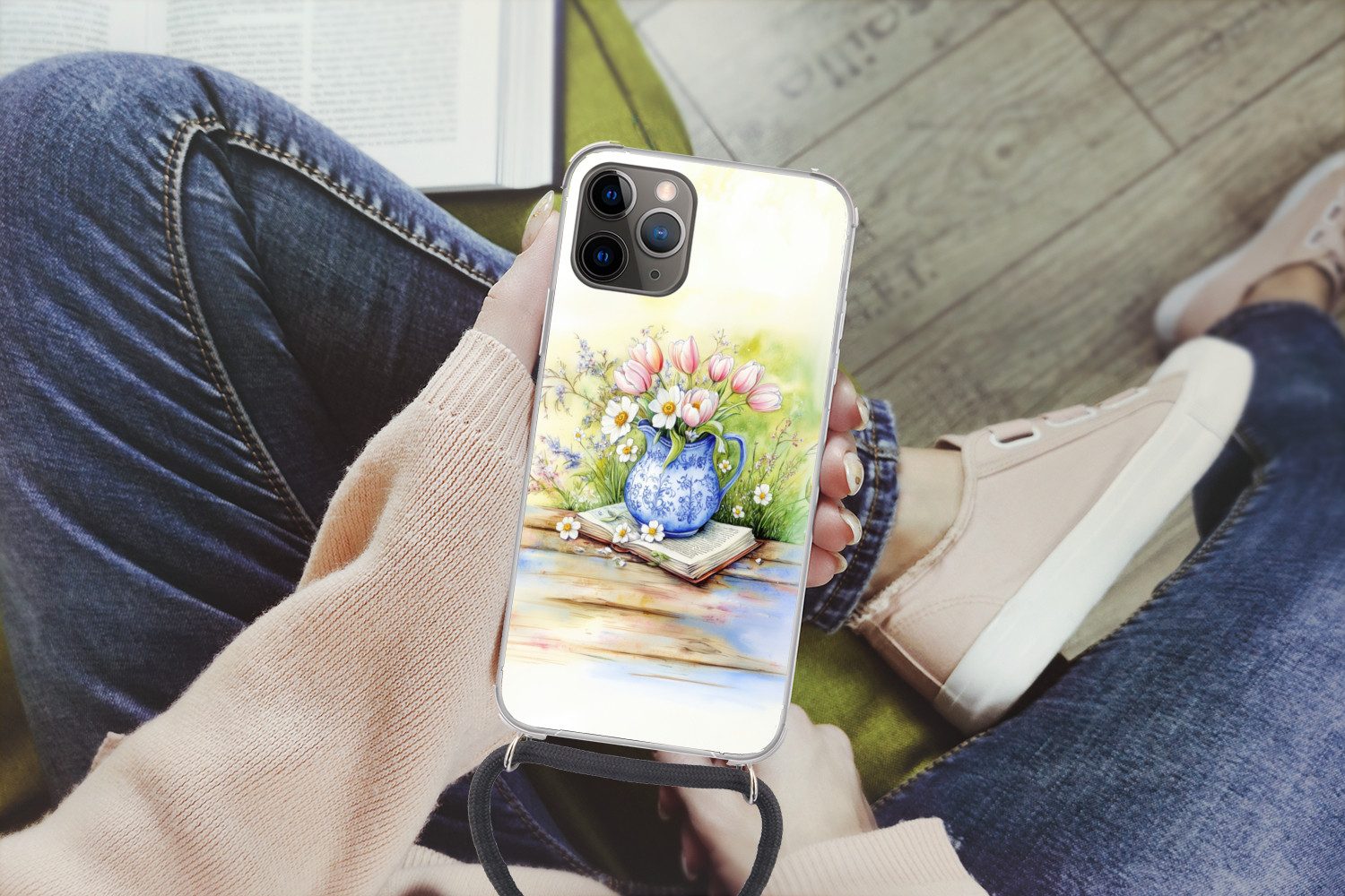MuchoWow Handyhülle für Apple iPhone 13 Pro Max Vase - Delfter Blau - Gänseblümchen, Tragbare Handyhüllen mit Kette zum umhängen, Handykette Handyband