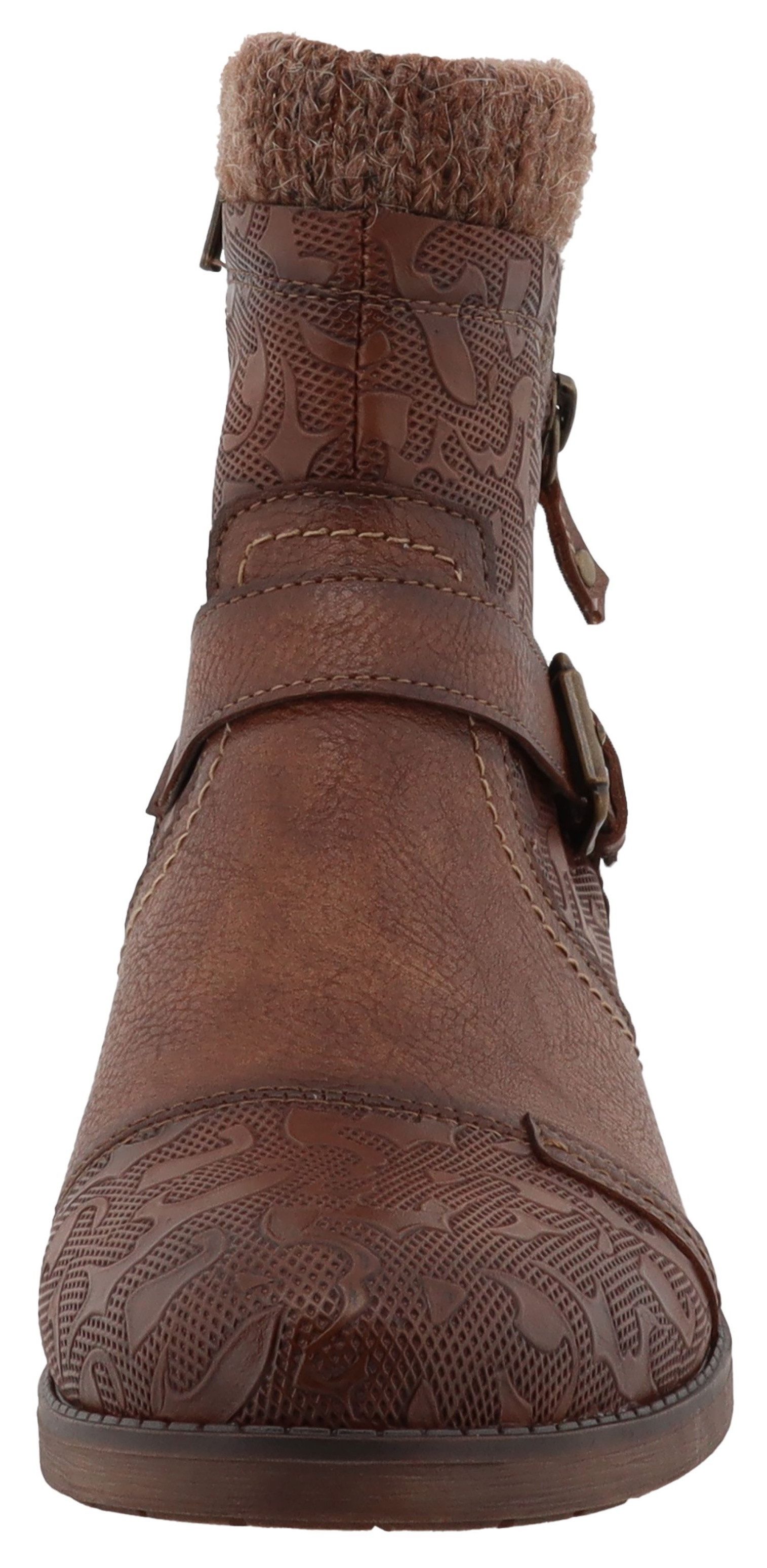 Mustang Shoes Fabienne Winterstiefelette Biker Boots mit Blockabsatz und Zierriemchen